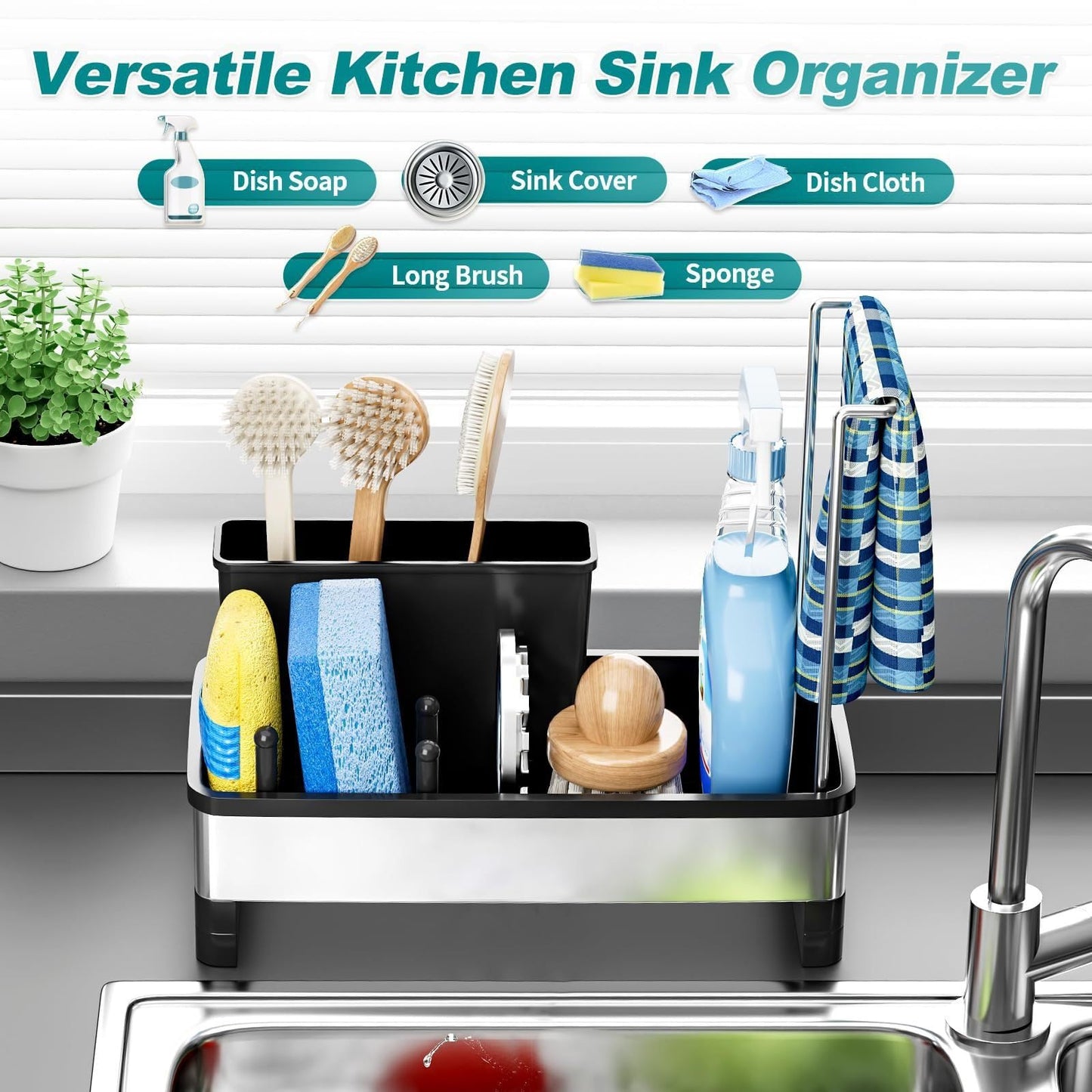 304 Stainless Steel Sink Caddy with Auto-Drain, Rustproof Sink Organizer, Sponge Holder with Removable Brush Holder & Towel Rack, Countertop Storage for Dish Soap Dispenser, Kitchen Sink Accessories