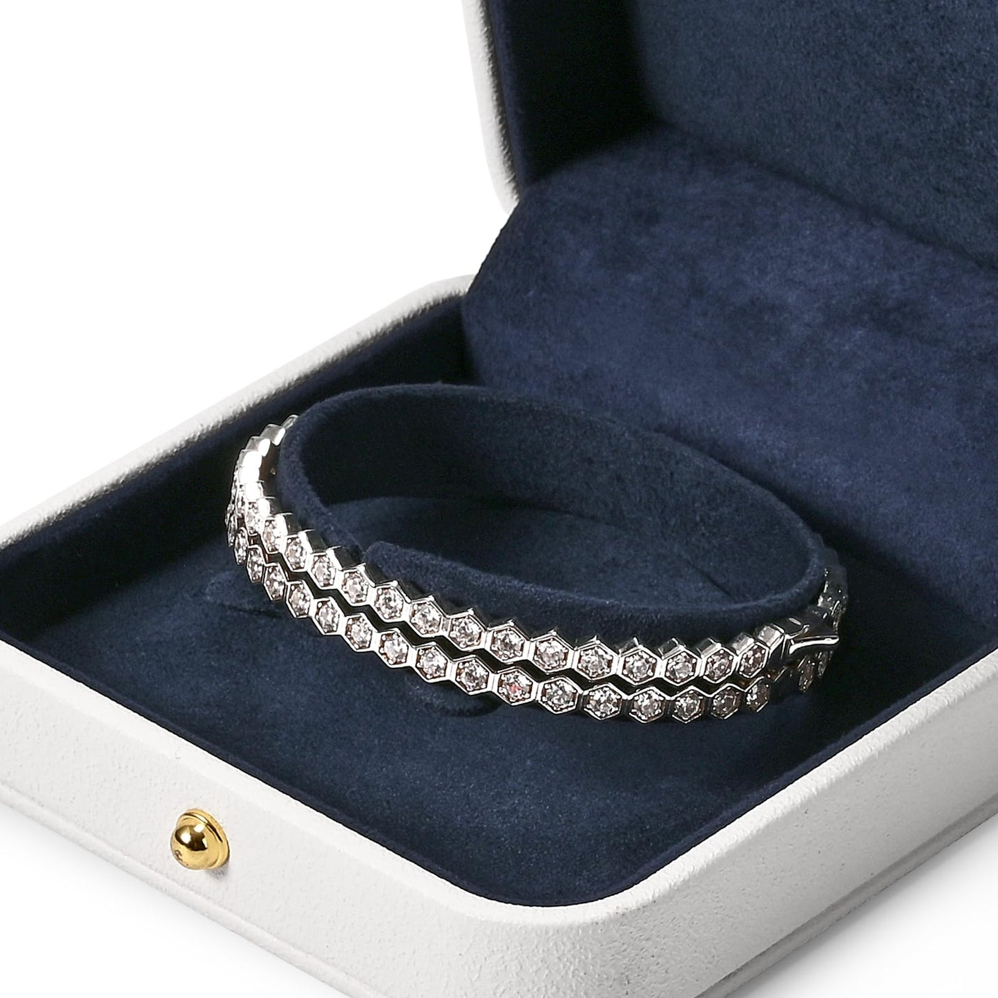 Woodten Blue Velvet Interior Jewelry Gift Box for Bangle Bracelet White PU Leather Bangle Box