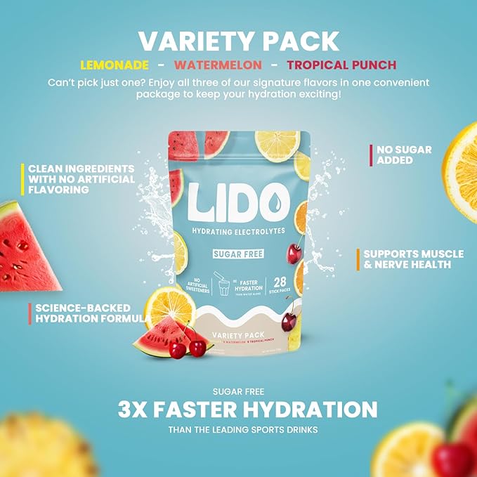 LIDO Variety Pack Electrolyte Powder Packets — Clean, Zero-Sugar Hydration Drink Mix with Balanced Sodium for Fast Replenishment — Vegan, Paleo & Fasting Friendly — 28 Sticks