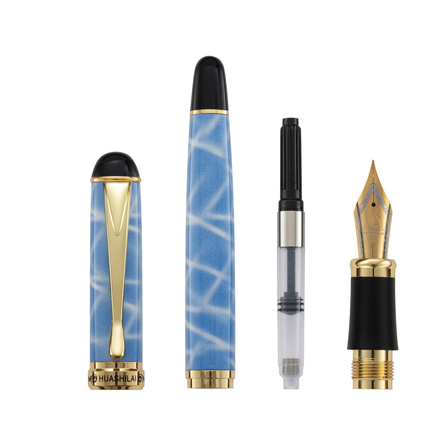 HUASHILAI Luxury Fountain Pen Set – 46g Metal Calligraphy Pen with Gift Box, 2 Ink Cartridge Sets (Black & Blue), Flex Nib Writing Pen for Beginners & Professionals (Sky Blue)