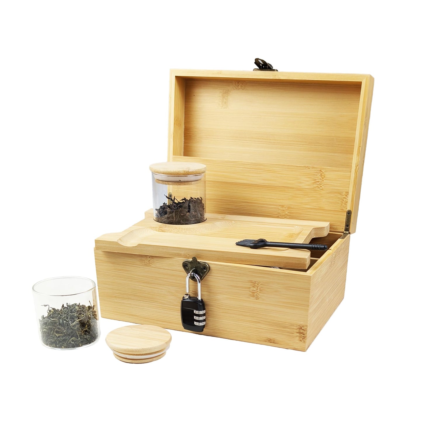 ARTAWEIN Large Bamboo Box with Combination Lock - Decorative Storage for Home, Elegant Organizer for Living Room and Bedroom, Gift Choice with Jars and Tray (Brown)