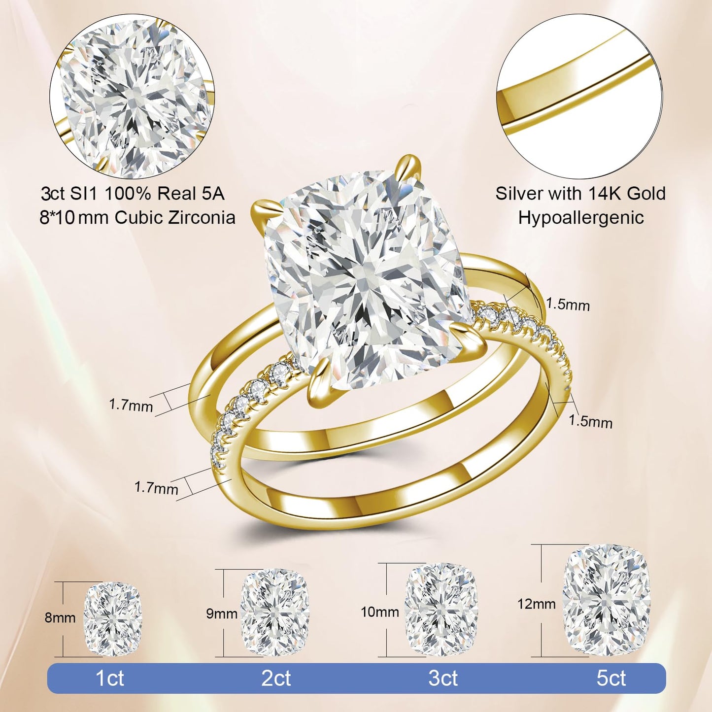 AVECON 3CT Elongated Cushion Cut Engagement Ring Set for Women, Wedding Promise Cubic Zirconia Band, 14K Gold Plated Stackable Adjustable Bridal Half Eternity Open Rings, Size 6