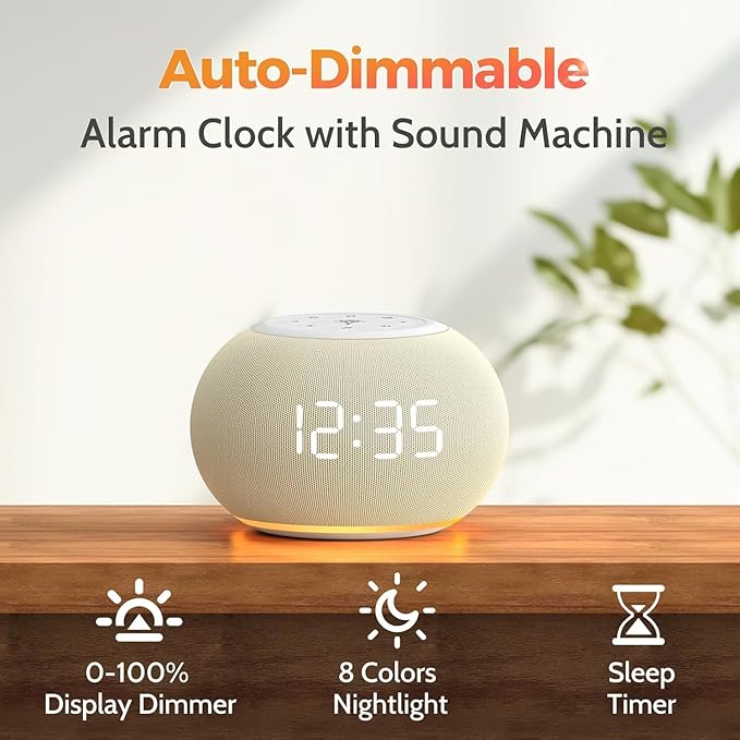 REACHER Auto Dimmable Sound Machine Alarm Clock with Night Light for Girls | 20 soothing sounds, sleep timer, precise volume, soft night lights, auto-dimming display, cute white noise soother for kids