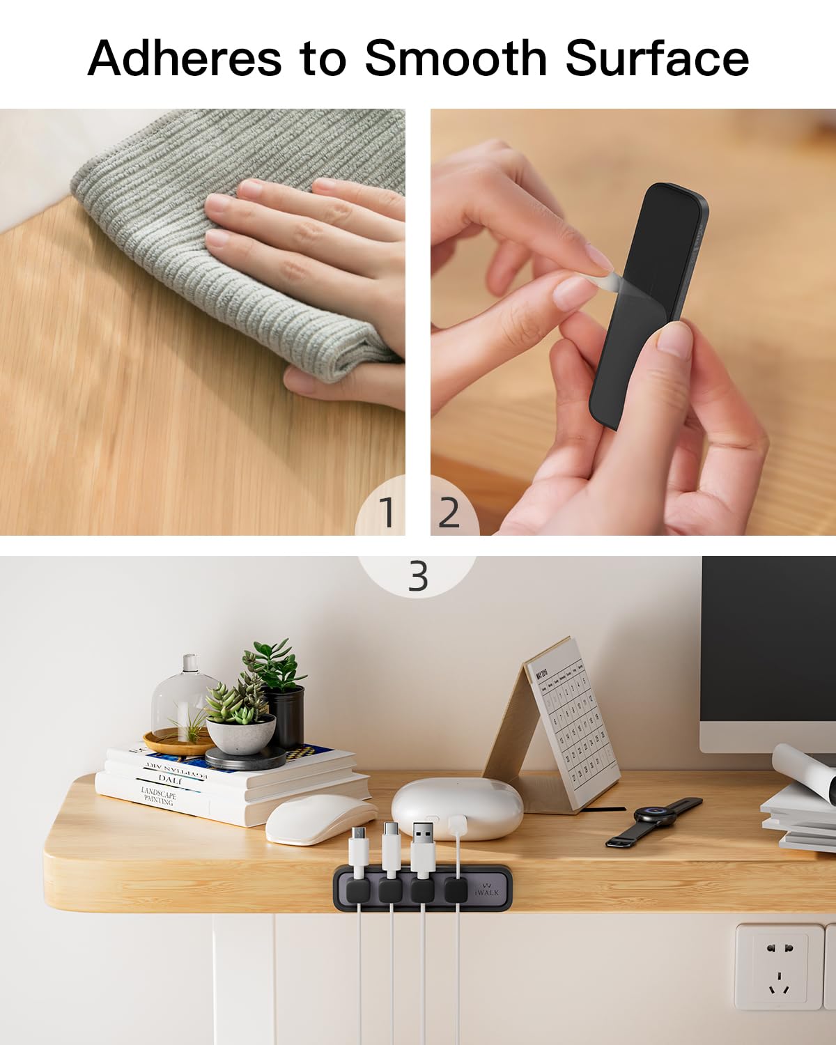 iWALK Magnetic Cable Holder,Reusable Adhesive Desktop Cord Organizer for 2-6mm Cables,4 Clips for Lightning & USB C/Micro Cables,Sticks to Wood,Glass,Metal, Marble,2-Pack,Black