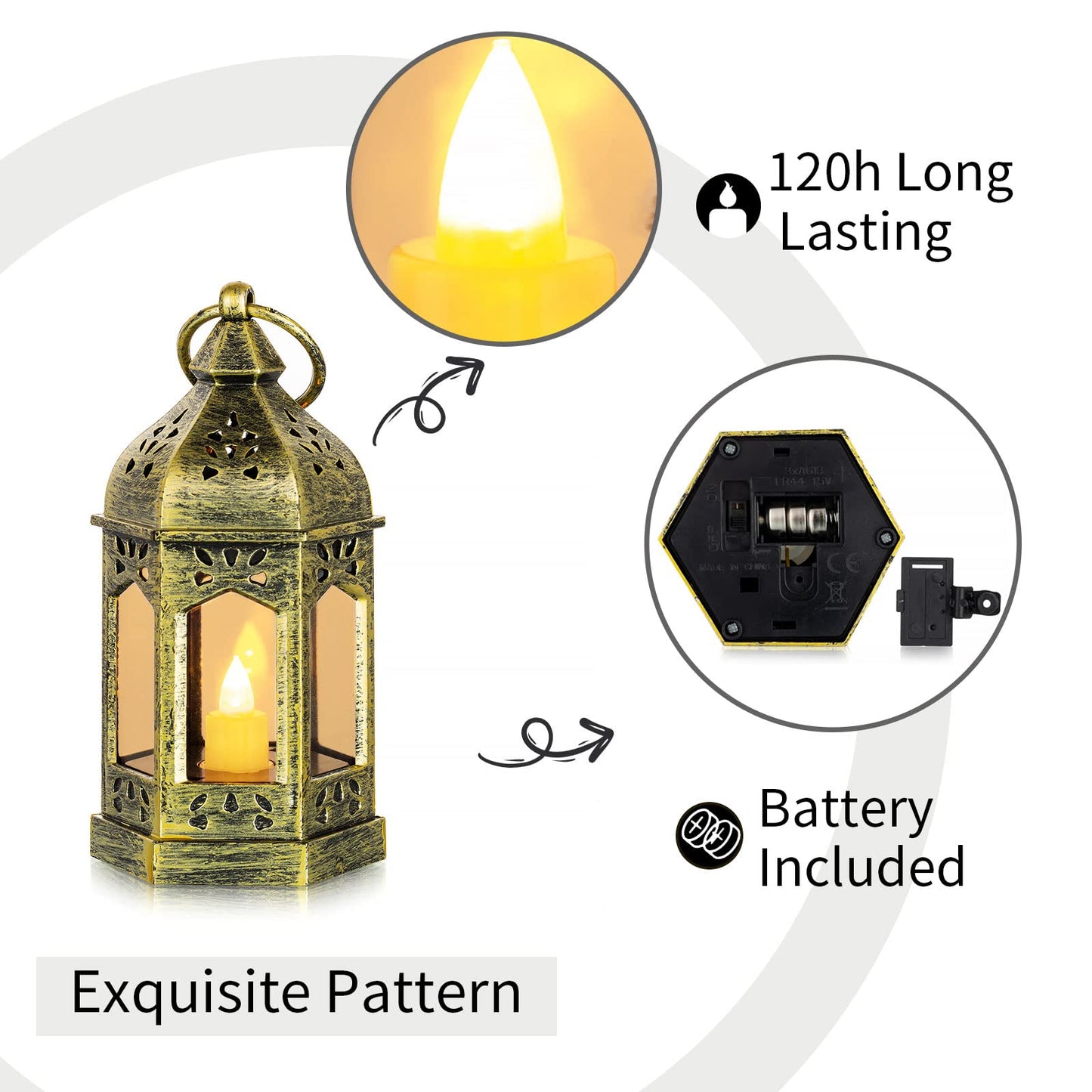 Mini Lanterns Decorative for Wedding Centerpiece - 20 Pcs Romadedi Hanging Small Gold Lantern Bulk with Flickering LED Candles for Halloween Decorations, Christmas Table Decor, Batteries Included