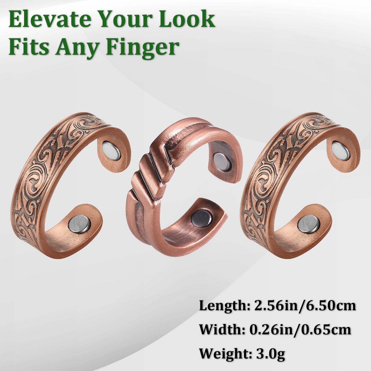 Fashtour 3 Copper Rings for Men, 99.9% Pure Copper Magnetic Rings, Vintage Pattern Adjustable Cuff Ring