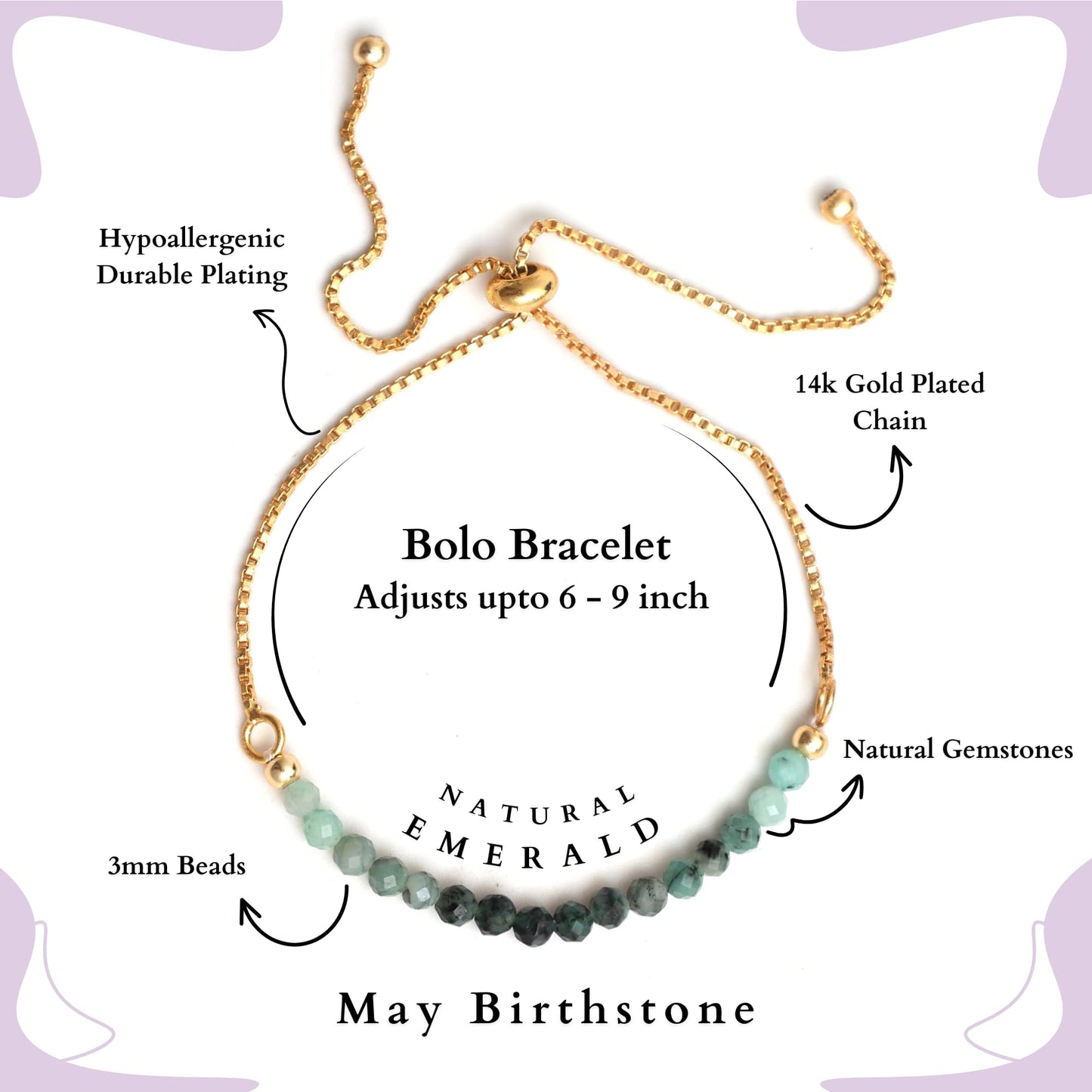 Gempires Green Emerald Gemstone Bracelet May Birthstone Bolo Bracelet for women 14k Gold Plated Chain (6-9 inch Adjustable Length)