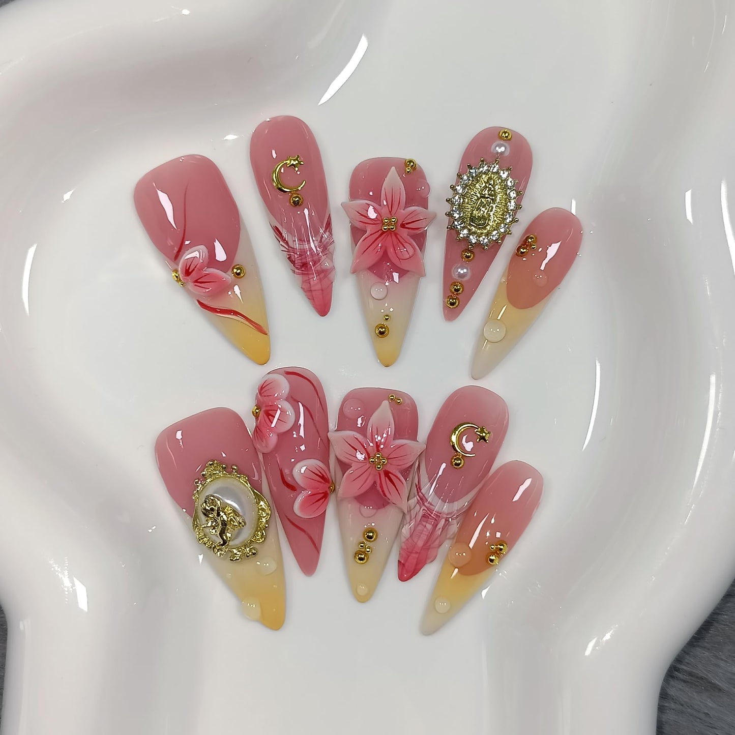 TENPAL Handmade Press on Nails Long Stiletto,Coral Orange Blushing French Tips Fake Nails with 3D Floral Waterdrops,Royal Baroque False Nails with Tools,Luxury Handmade Nails for Special Events(S)