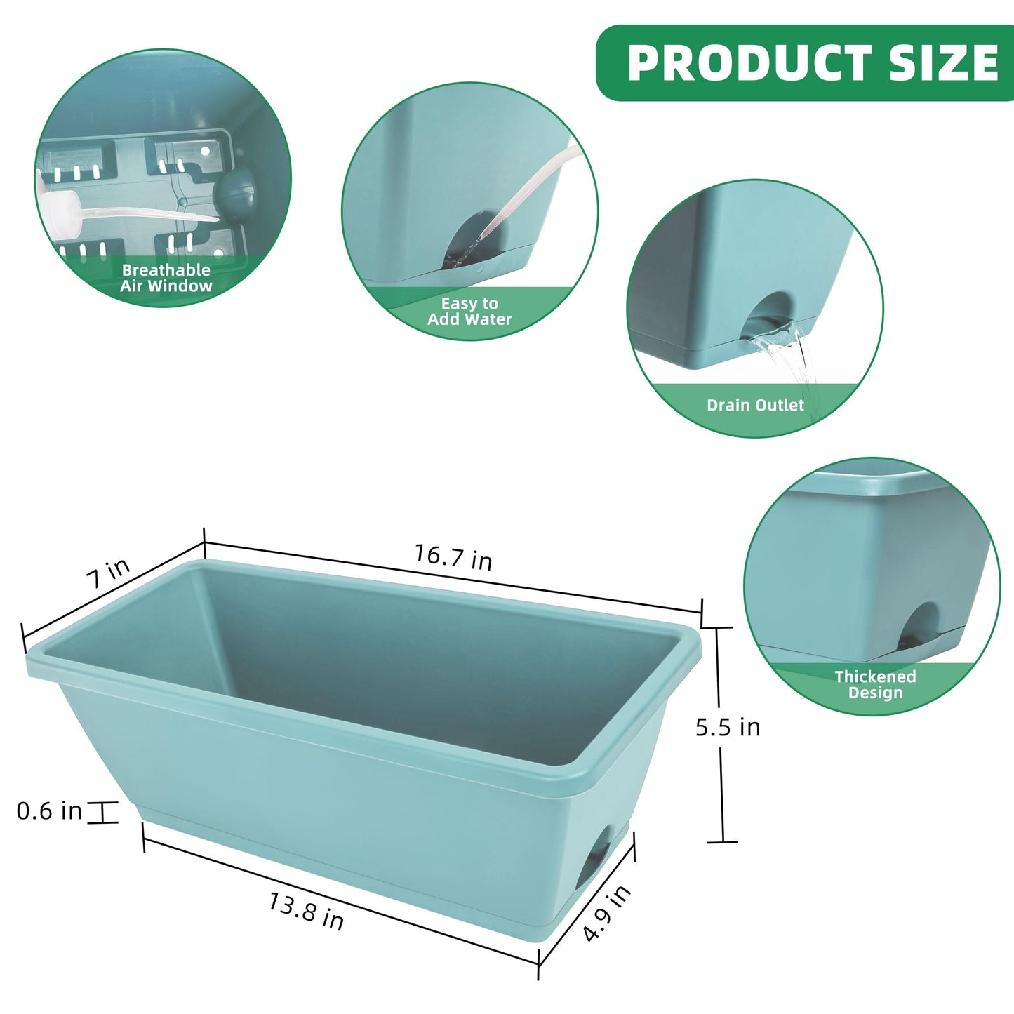 LOCONHA Window Box Planter, Plastic Vegetable Flower Planters Boxes 17 Inches Rectangular Flower Pots with Saucers for Indoor Outdoor Garden, Patio, Home Decor (12, Sky Blue)