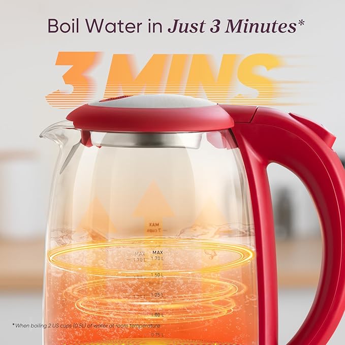 Cosori Electric Kettle, No Plastic Filter & Spout, Tea Kettle & Hot Water Boiler For Coffee & Tea, Water Heater & Teapot, Automatic Shut Off, Borosilicate glass, Red, 1.7L/1500W
