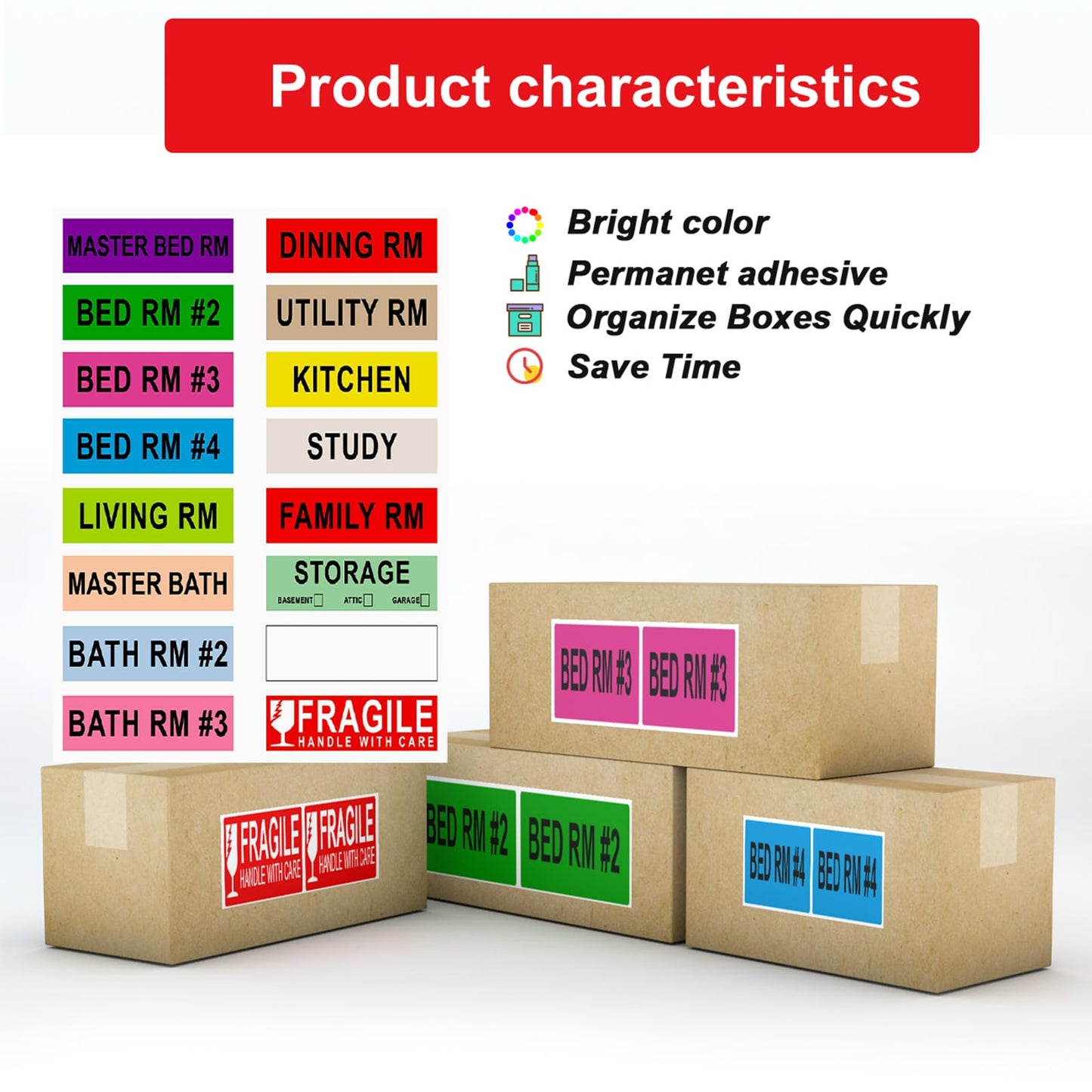 Misofuki 16 Rolls 960 Pcs 1"x4.5" Color Coded Moving Labels Stickers for Boxes with 4 Bedroom Labels - Can Stick on Furniture Directly, NOT Recommended for Rough Surfaces, Such as Carton