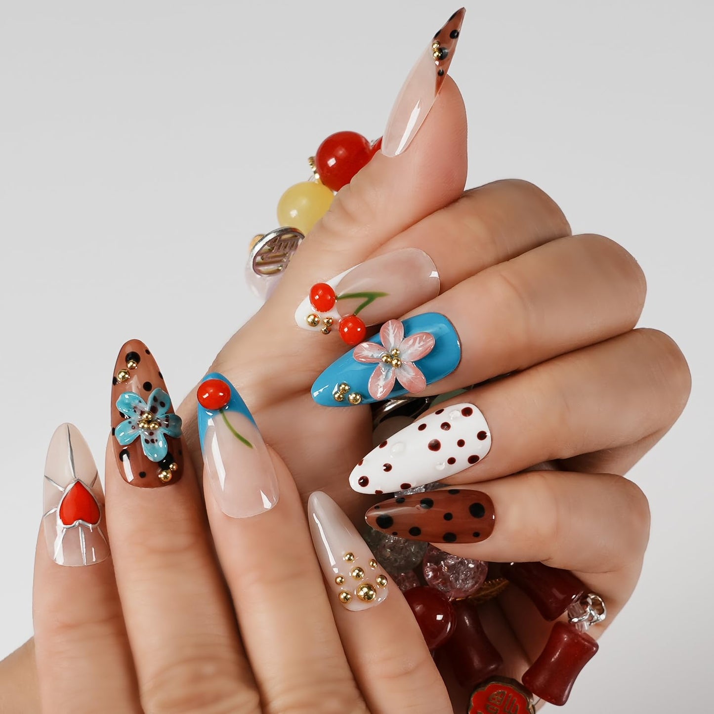 Tesytto 3D Cherry Press on Nails Almond - Handmade Flower & Heart Design, Gold Bead Polka Dot Glossy Reusable False Nails for Summer (Sweet Fun Flower Cherry, L)