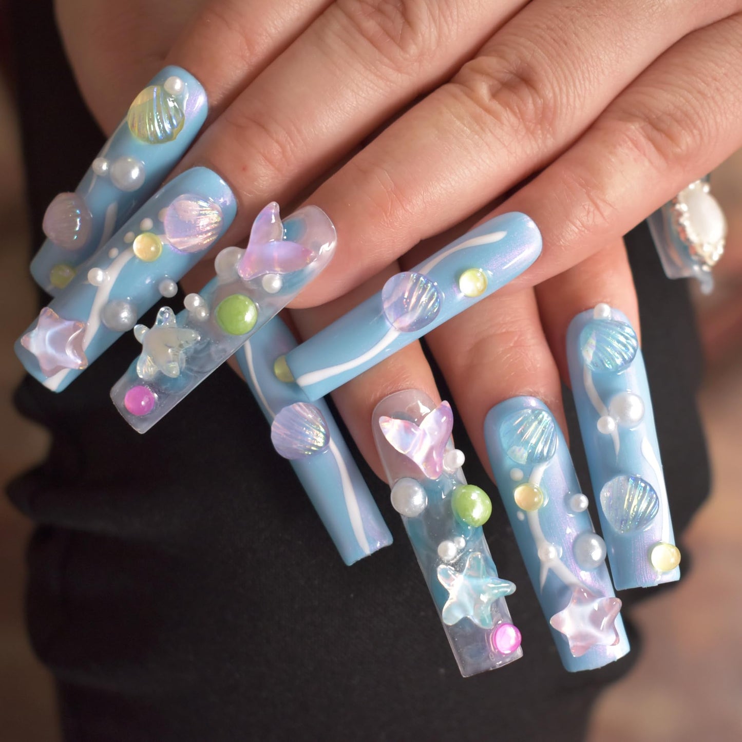 LIFOOST Aurora Blue Handmade Press on Nails Dreamy Ocean Ice Transparent 3D Shell Star Pearls Charms Fake Nails Mermaid False Nails Extra Long Coffin Press ons for Summer, Size M