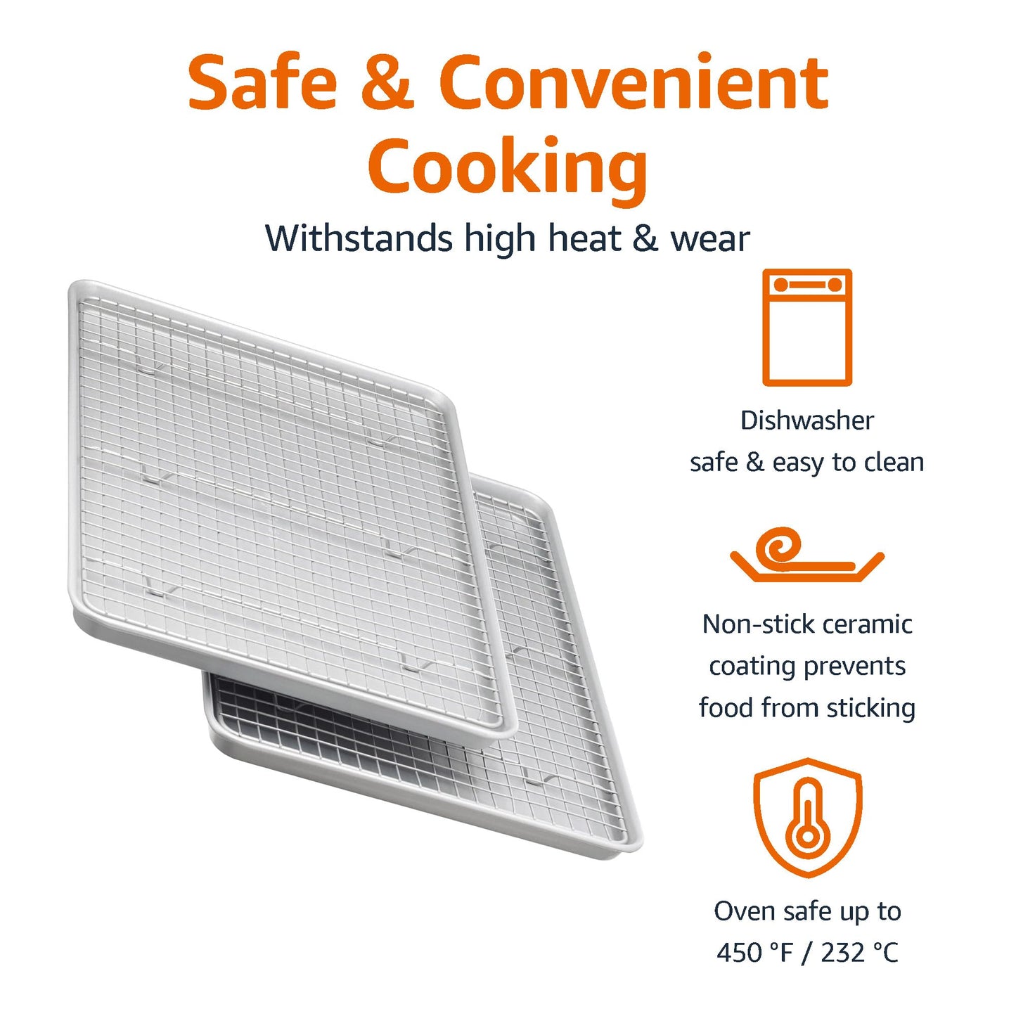 Amazon Basics Ceramic Nonstick Baking Sheets & Cooling Rack Set, Dishwasher Safe, Oven Safe, Half Sheet Size, Gray, 2-Pack