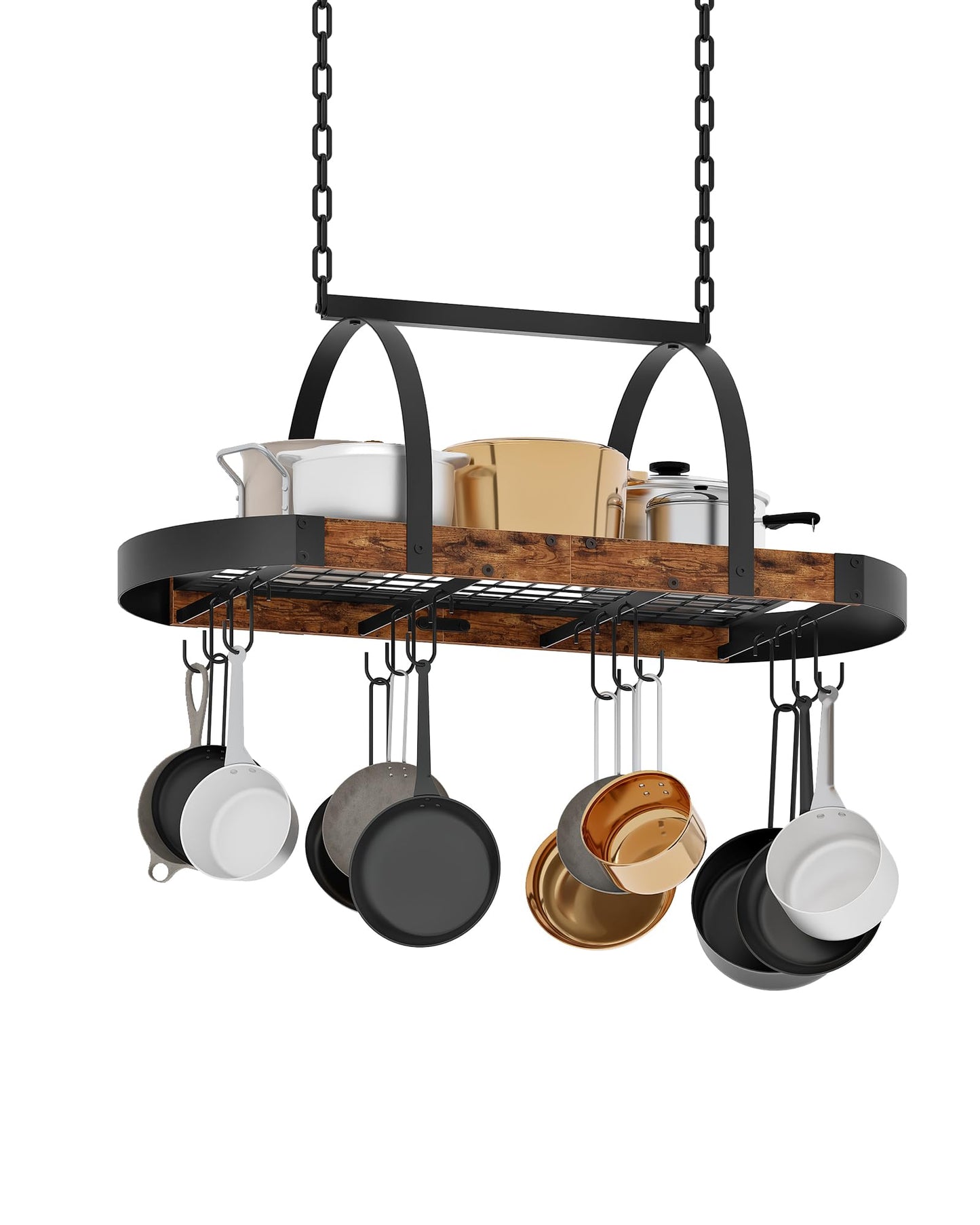 CHOEZON Hanging Pot Rack, Pot Hanger for Kitchen, Ceiling Mounted Pot Holder, Cookware Organizer with 12 S-Shaped Hooks, for Pot, Pan Storage, Space-Saving, Rustic Brown and Black TPR08BFC1
