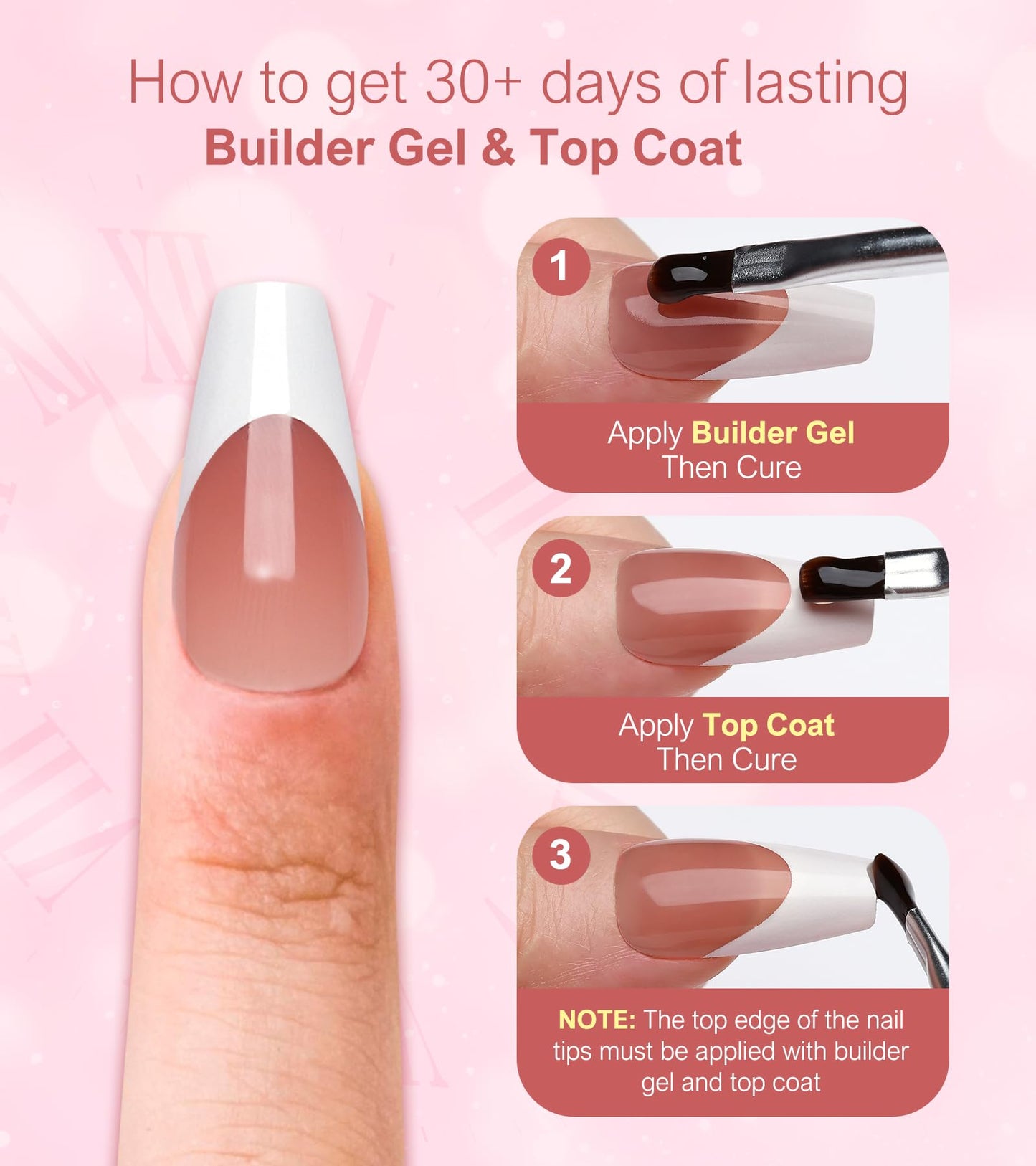 Morily Pink White French Tip Press on Nails - 30Pcs Thicker Fake Nails with Design, Full Cover Long Coffin False Nails Reusable Acrylic Stick on Nails in 15 Sizes, Include Glass File