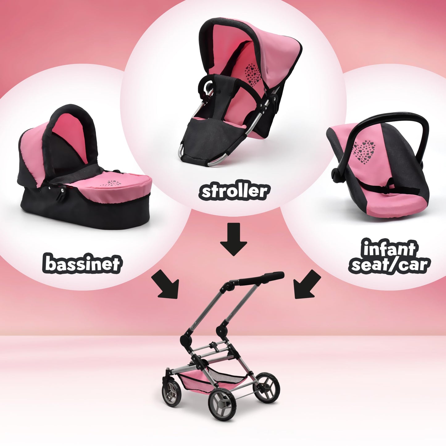 Baby Doll Convertible Stroller 3 in 1 Bassinet and Rear Facing Seat Buggy Foldable Toy Pram for Girls Toddlers Kids Swiveling Wheels Travel System Carriage Combo