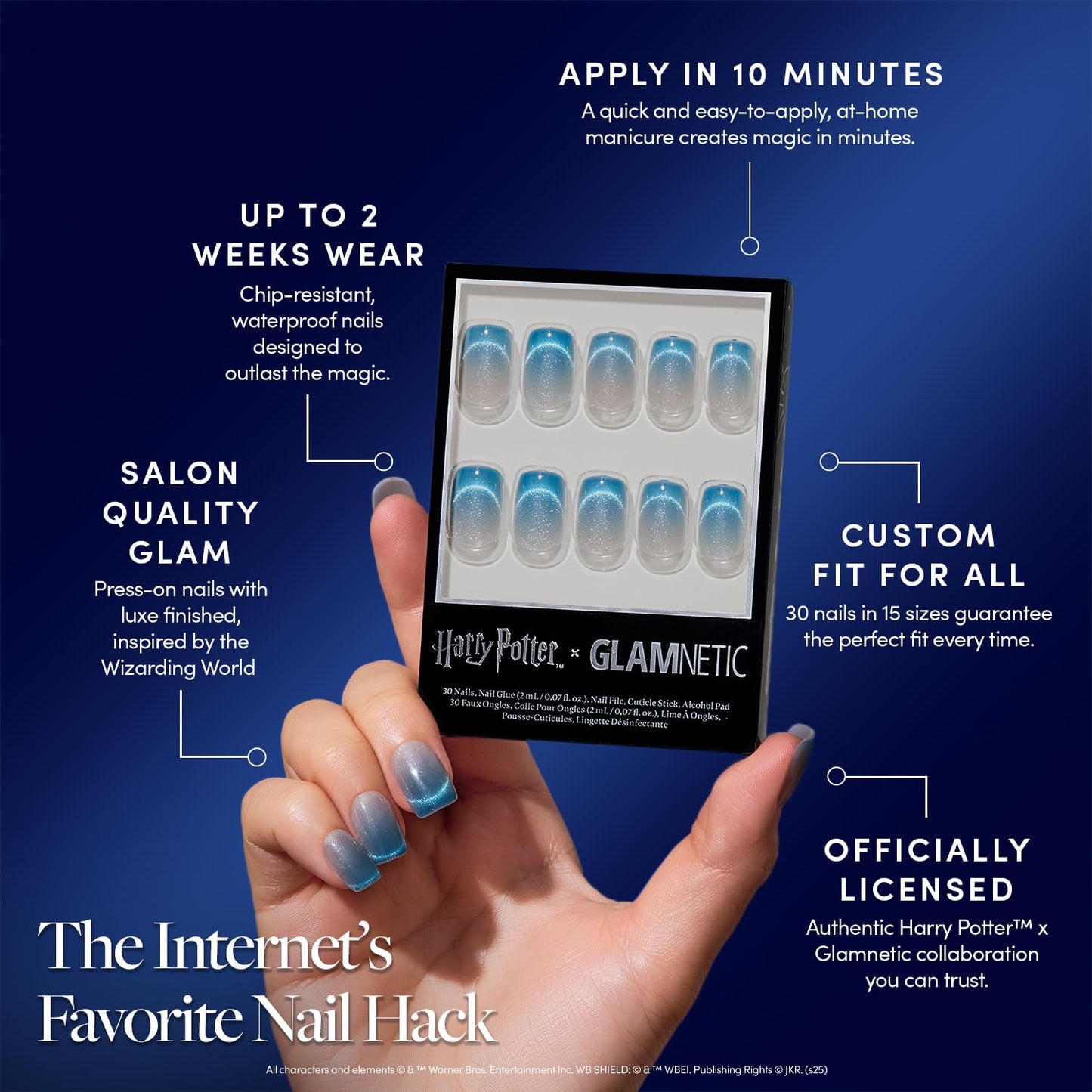 Glamnetic Press On Nails x Harry Potter™ - Lumos | Short Squoval Fake Nails with Velvet Blue Magnetic Gradient Tips, Salon Quality Officially Licensed | 15 Sizes - 30 Nail Kit with Glue