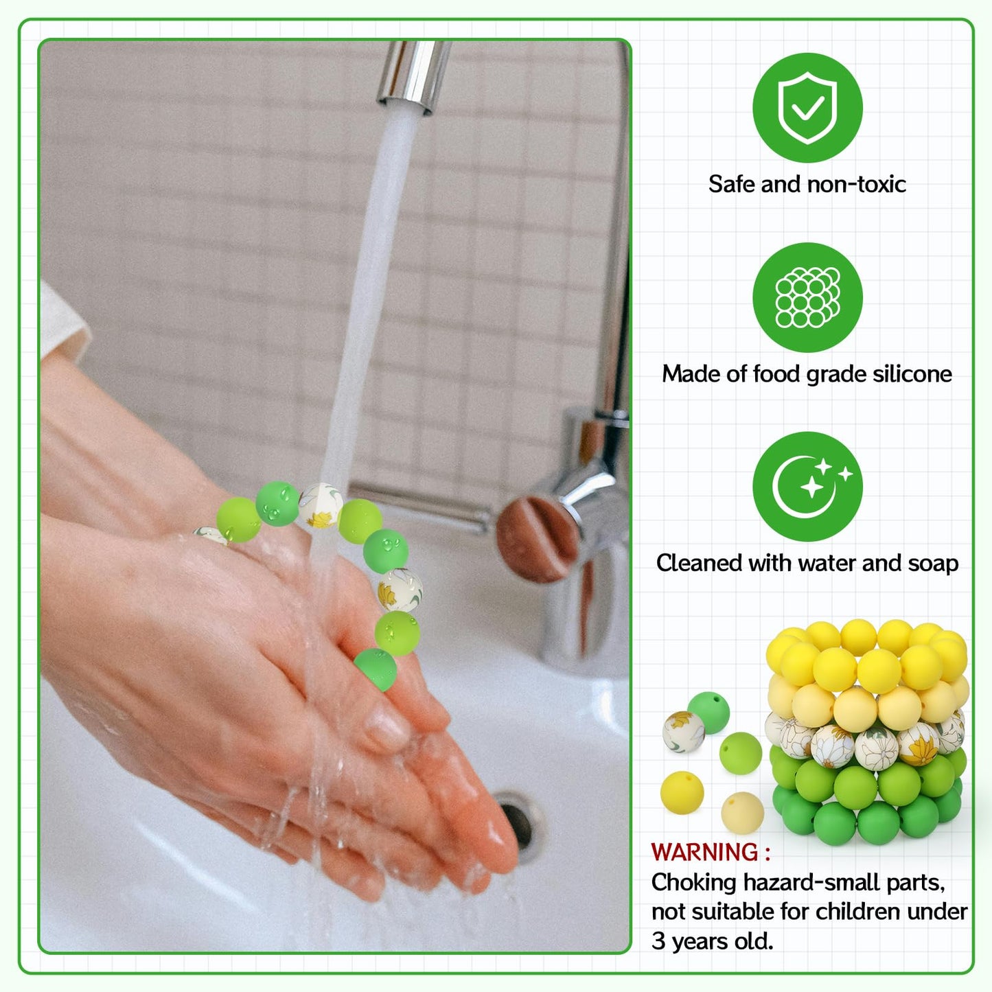 SALUOKE 100 Pcs 15mm Silicone Beads for Keychain Making, Pink Gream Silicone Beads Bulk Round for Bracelets Pens Crafts Jewelry Making (Green Yellow)