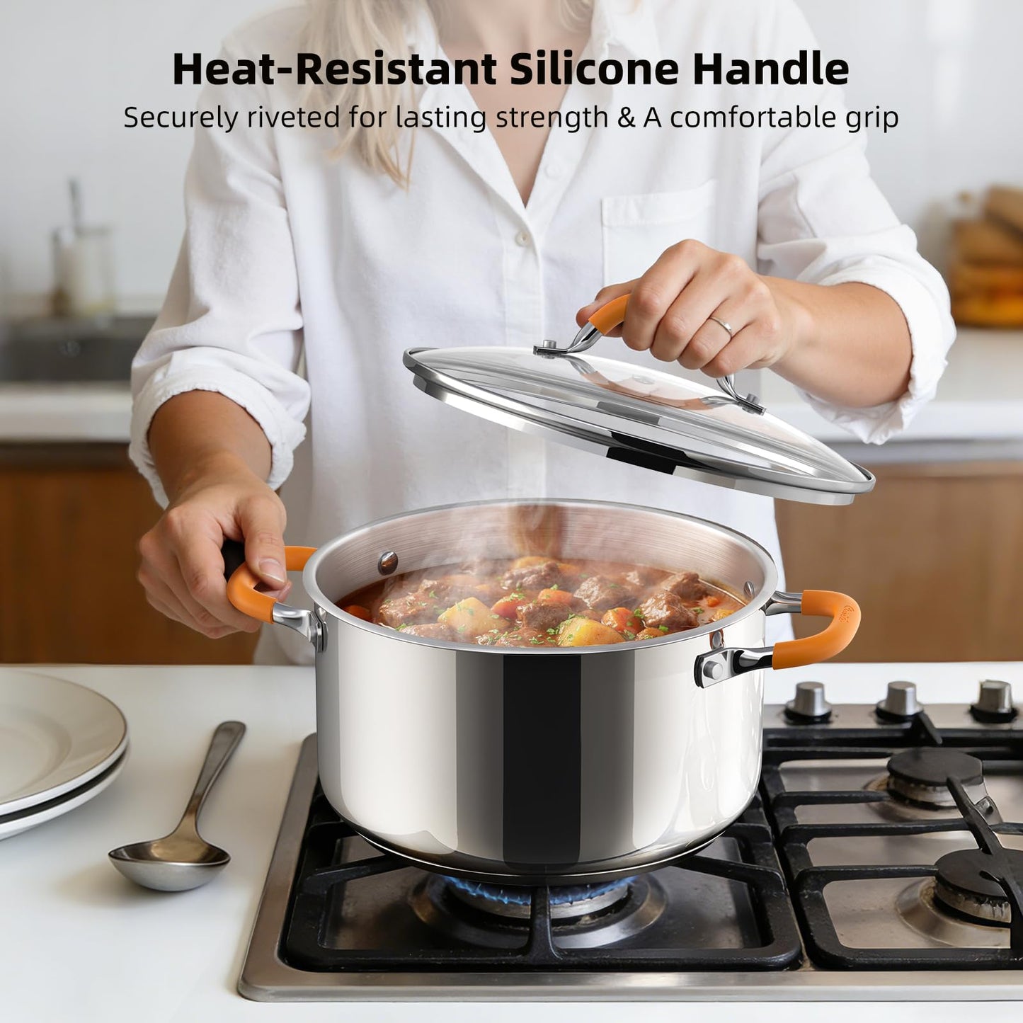 Ciwete Stainless Steel Stock Pot, 5.2 Quart Soup Pot with Lid, Heavy-Duty Thick Bottom Induction Cooking Pot for Pasta, Stew & Simmering, Even Heating, Compatible with All Cooktops, Dishwasher Safe