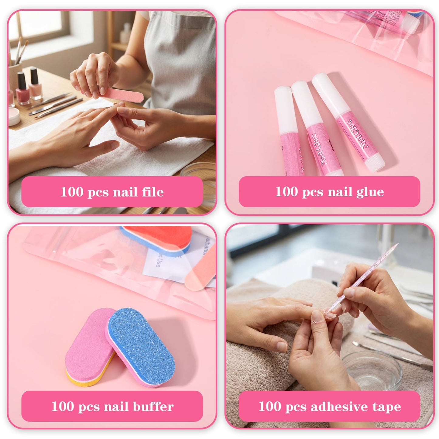 100 Set Press on Nail Kit for Salon Business, Disposable Nail Prep Kit with File Buffer Glue Prep Pad Adhesive Tabs Wood Stick, Press on Nail Kit with Everything in Holographic Bag