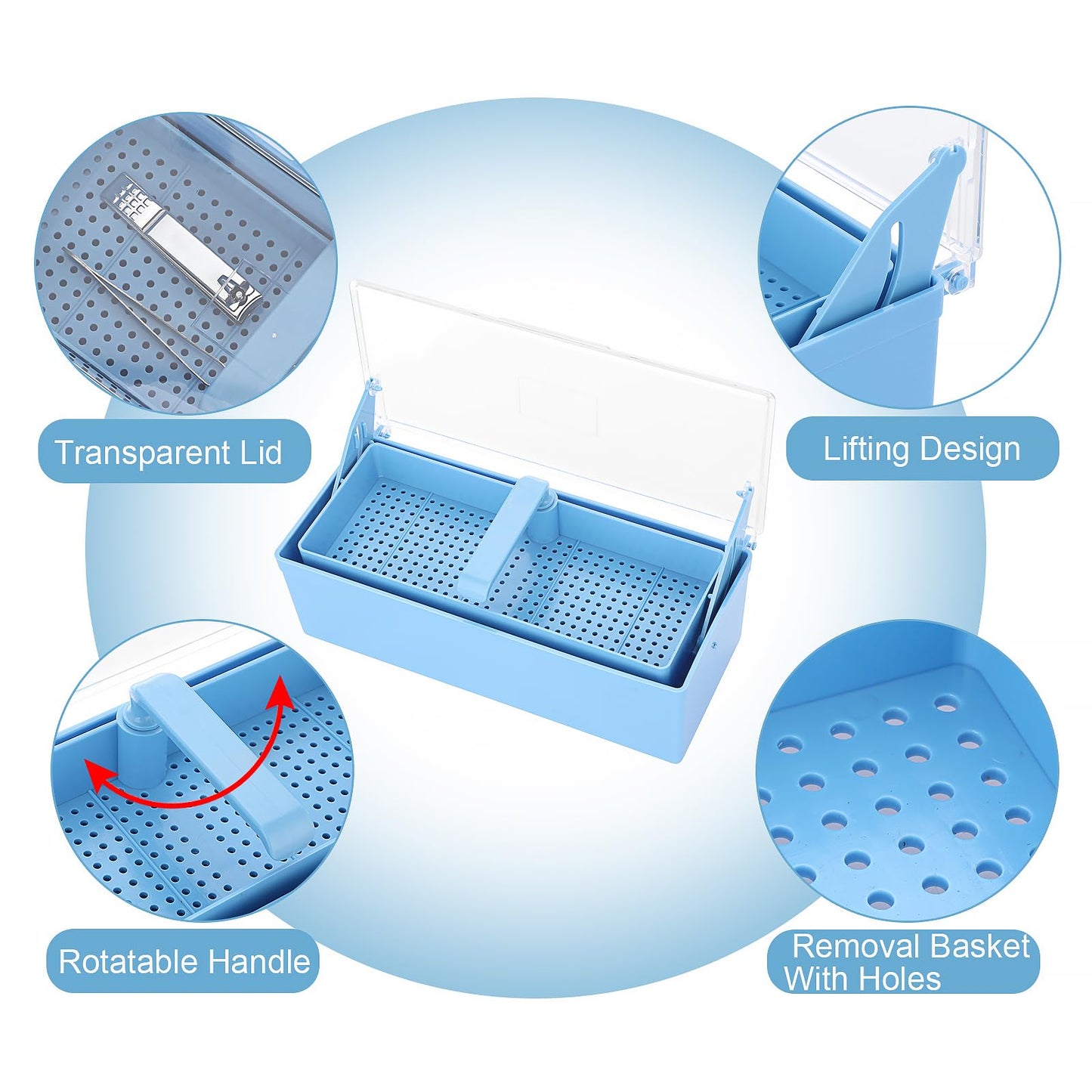 JUXYES Plastic Sterilizing Tray for Nail Art Accessories Tools, Portable Nail Art Tool Sterilizer Tray with Strainer, Storage Box Tool Box for Tweezer Manicure Tools Pedicure Tool