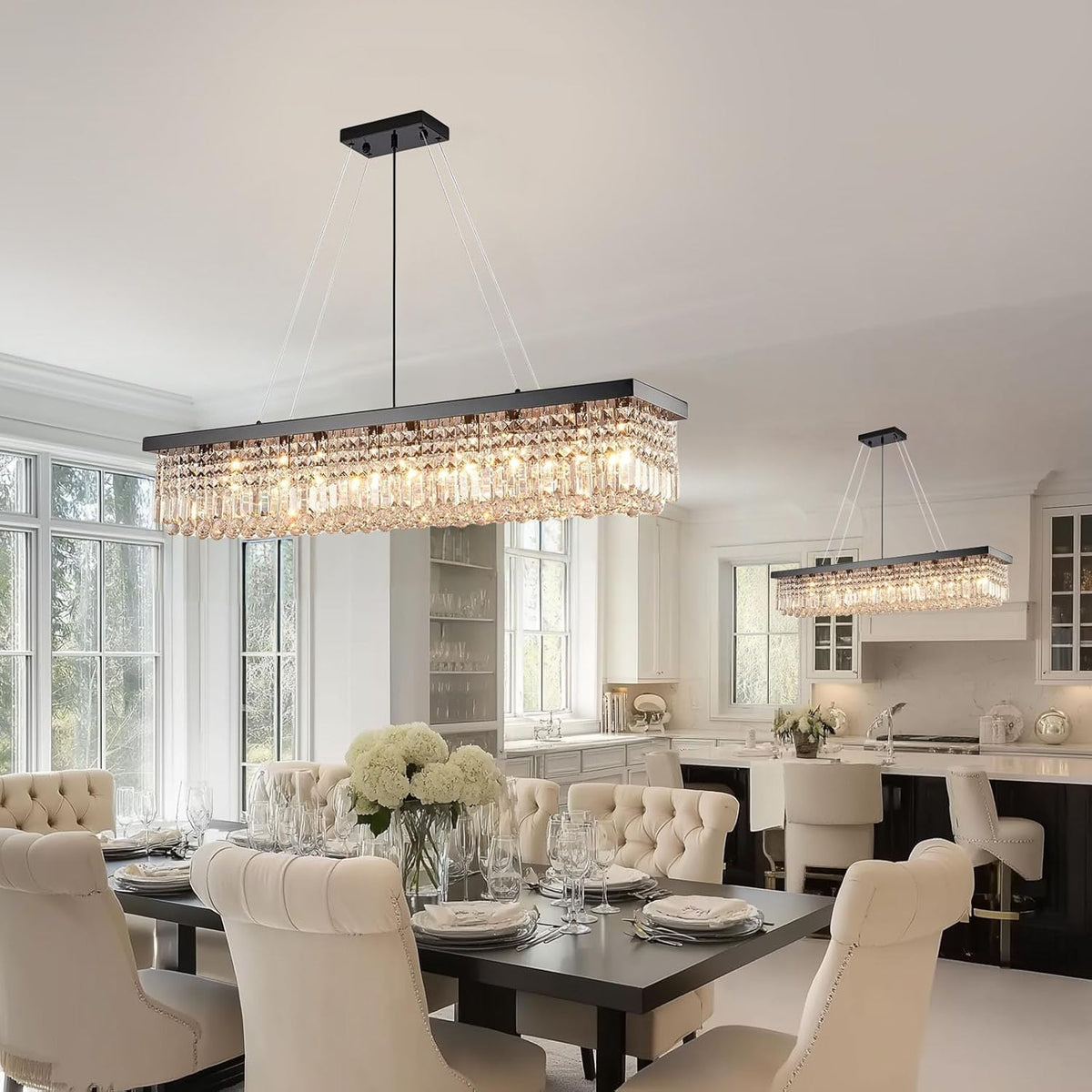 Rectangular Black Crystal Chandelier,10 Light Crystal Chandeliers for Dining Room, Rectangle Light Fixture for Kitchen Island L47''xW10''x H10''