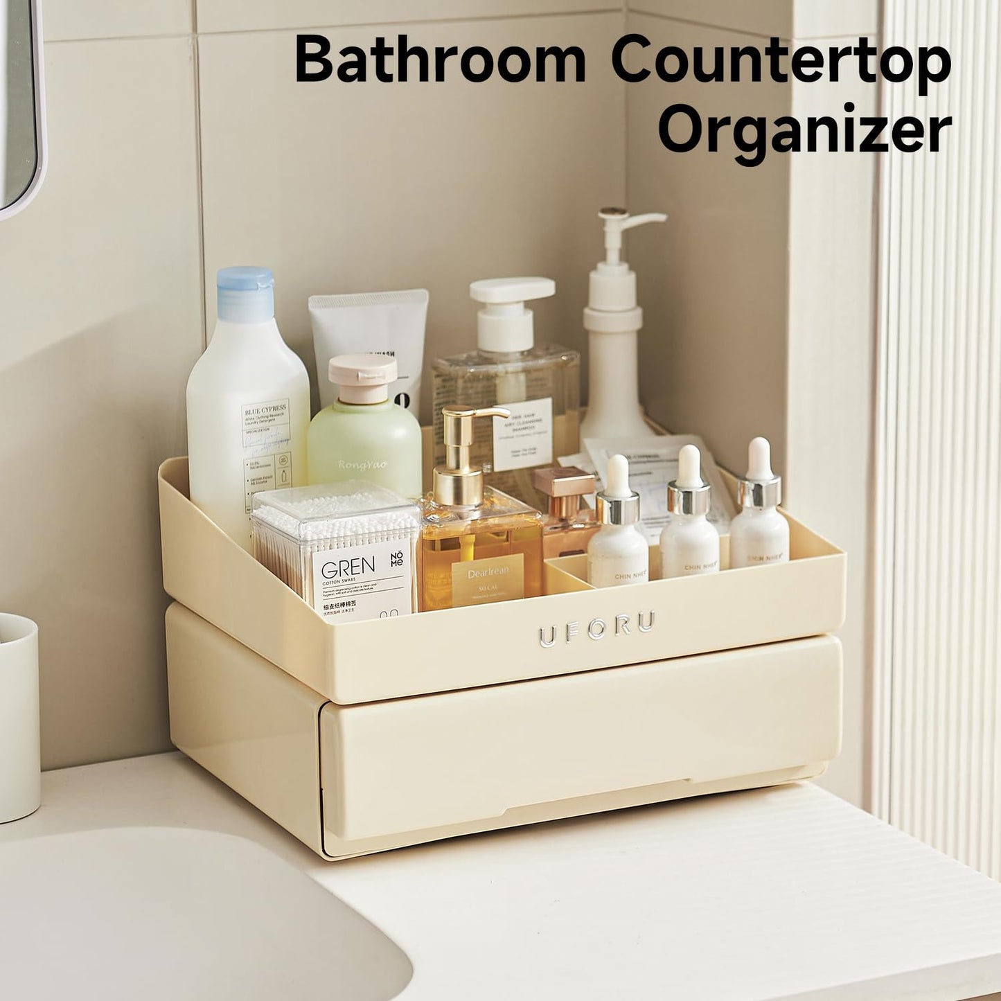 UFORU Desk Organizer with 6 Compartments, 2 Tier Stackable Storage Drawers Plastic Makeup Storage, Office Desk Storage Box, Stationary Sorting Helper