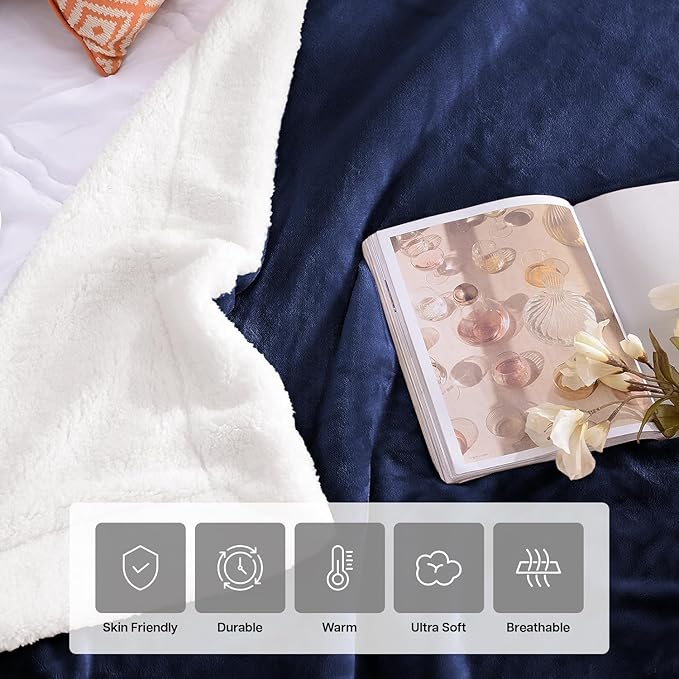 IR Imperial Rooms Sherpa Blankets Queen Size - Thick and Warm Blankets for Winter, Reversible Soft and Fuzzy Fluffy Queen Size Blanket for Bed, Navy, 90x90 Inches