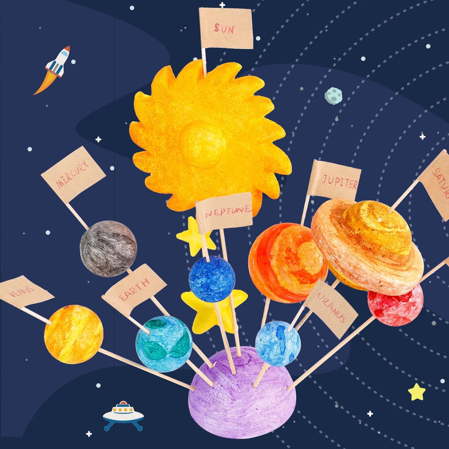 Pllieay 63PCS Solar System Foam Ball Kit Includes Color Pigments, Palette, Mixed Sized Polystyrene Spheres Balls, Toothpick Flag, Painting Brushes, Bamboo Sticks for Back to School Science Projects
