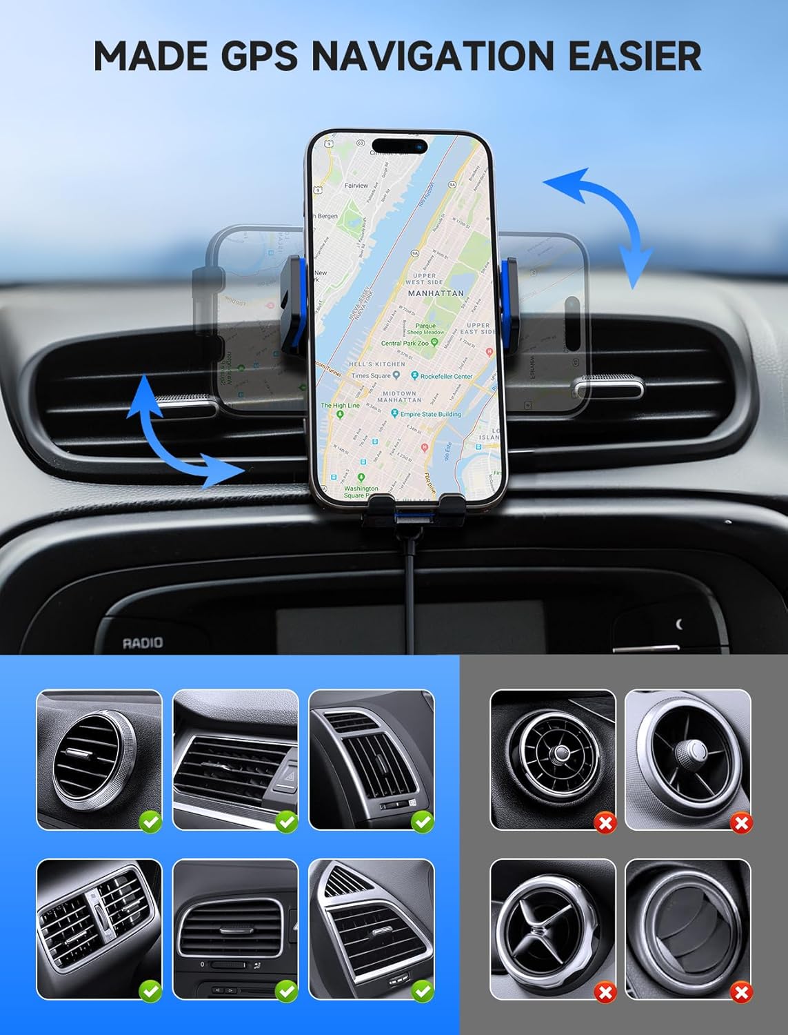 MOKPR Wireless Car Charger, 15W Auto Clamping Car Charger Dash Windshield Air Vent Phone Holder Compatible with iPhone 16 15 14/13/13 Pro/12 pro/12/11/X/8, Samsung S24/S23/S22, Blue