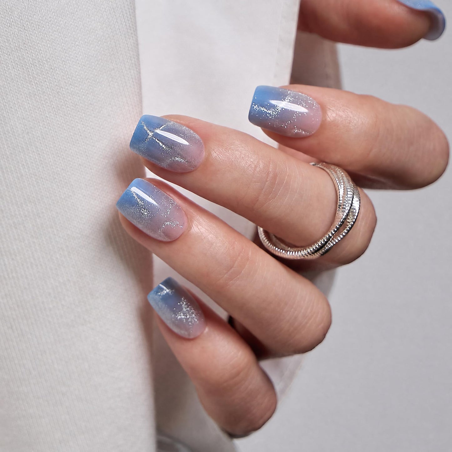 CurvLife Soft Gel Square Press-On Nails Short, Blue Cat Eye Reusable Fake Nails with Glue & Adhesive Tabs, 30PCS Salon-Quality Stick-On Nails for At-Home Manicure (Aurora Drift)