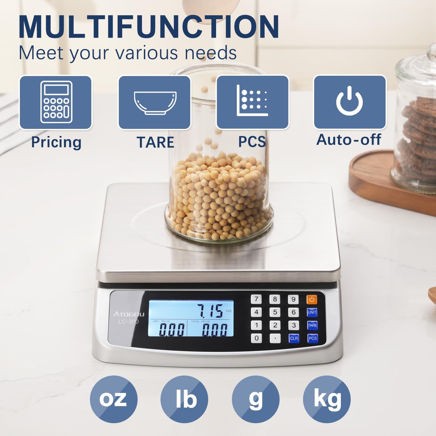 Atogou 110lb Food Scale, Commercial Kitchen Scale with Price Computing, Plug-in Usable, 0.05oz/1g, 304 Stainless Steel, for Cooking, Vegetables, Farm, Industry, Counting. LC300 Silver