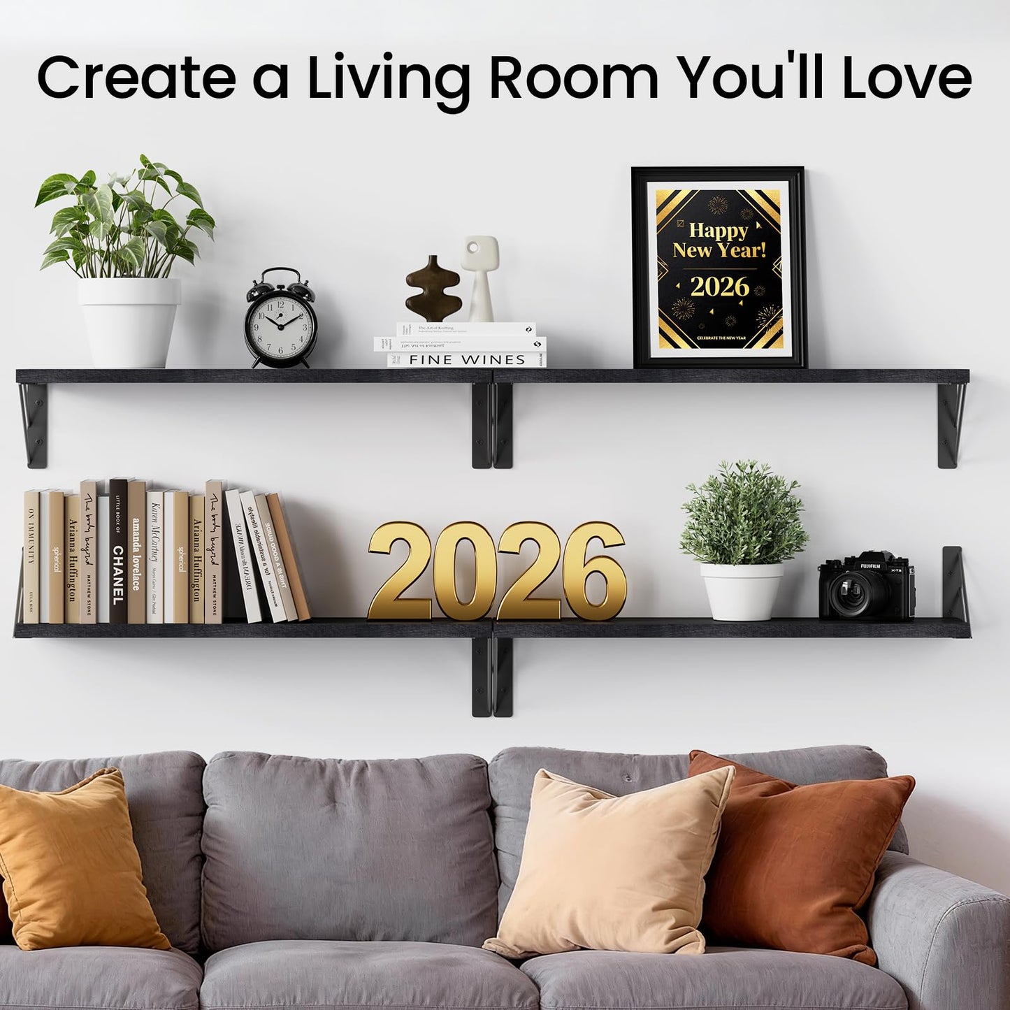 BAYKA Wall Mounted Floating Shelves, Wood Floating Wall Shelf for Books & Decor, Small Space-Saving Display & Organizer（Black，23in，Set of 4）