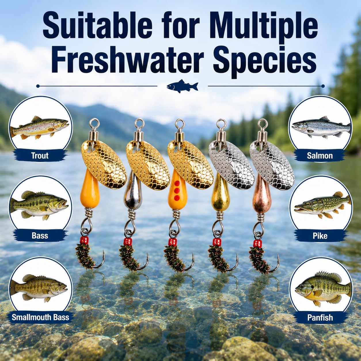 Zylaxio Trout Spinners, 5PCS Spinner Fly Fishing Lures, 1.96in Brass Inline Spinner Lures, 0.09oz Set for Trout Bass Salmon Pike, Creek Stream River Fishing