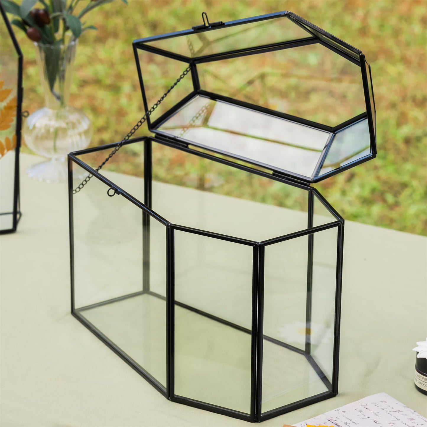 NCYP Gothic Glass Box with Swing Lid and Lock, Geometric Keepsake Card Display Organizer for Wedding Party - Halloween Decoration, Black Coffin-Shaped, 10.4" x 5.7" x 7.5" (Glass Box Only)