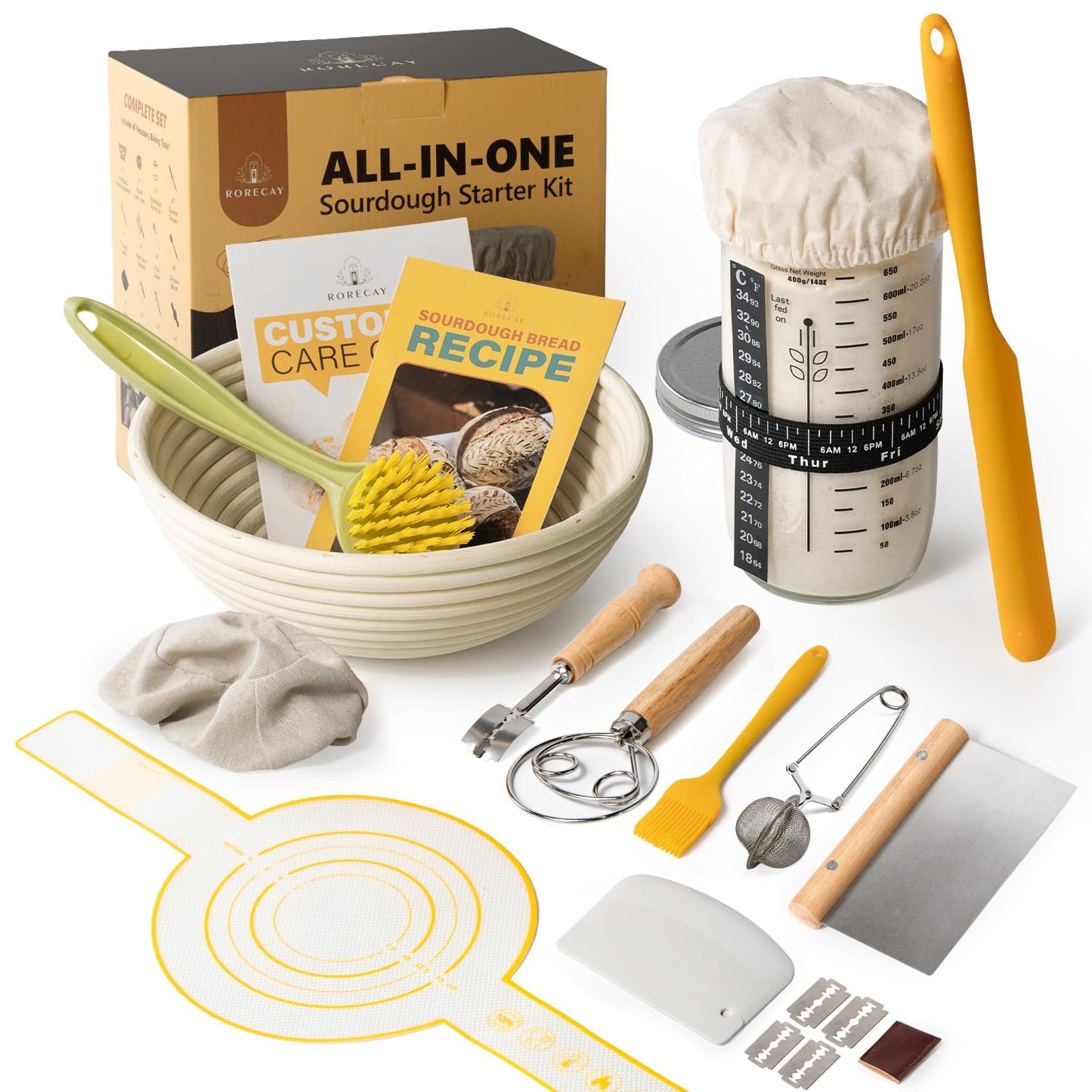 Sourdough Starter Kit, Banneton Bread Proofing Basket Set with 24oz Starter Jar, Sourdough Bread Baking Supplies with 9'' Round Banneton Baskets, Bread Making Baking Tools Gifts for Bakers