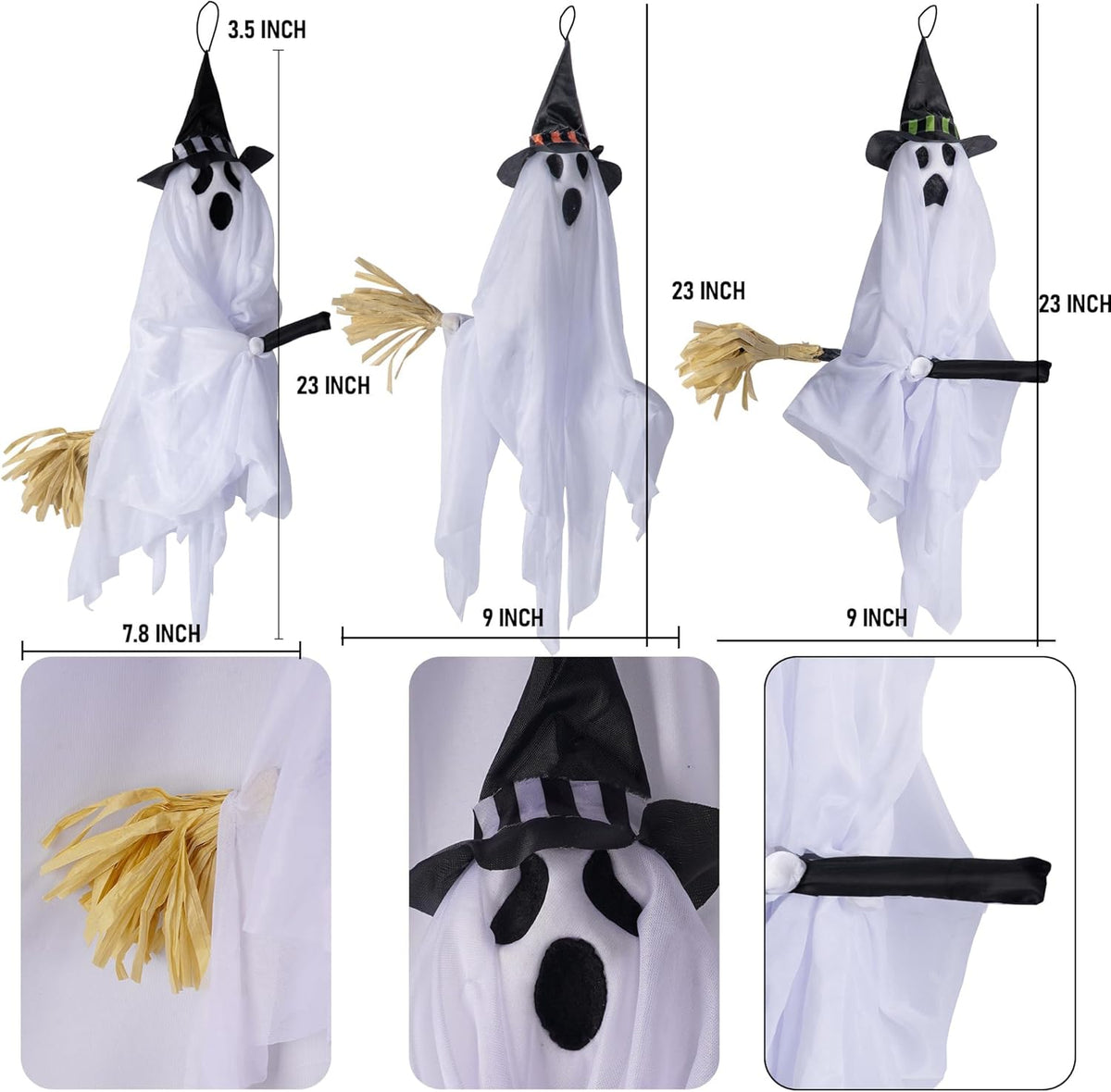 Hourleey Halloween Hanging Ghosts Decorations, 3 Pack 23" Cute Flying White Ghost with Broom, Halloween Decor Outdoor for Front Yard Patio Lawn Garden Party Porch