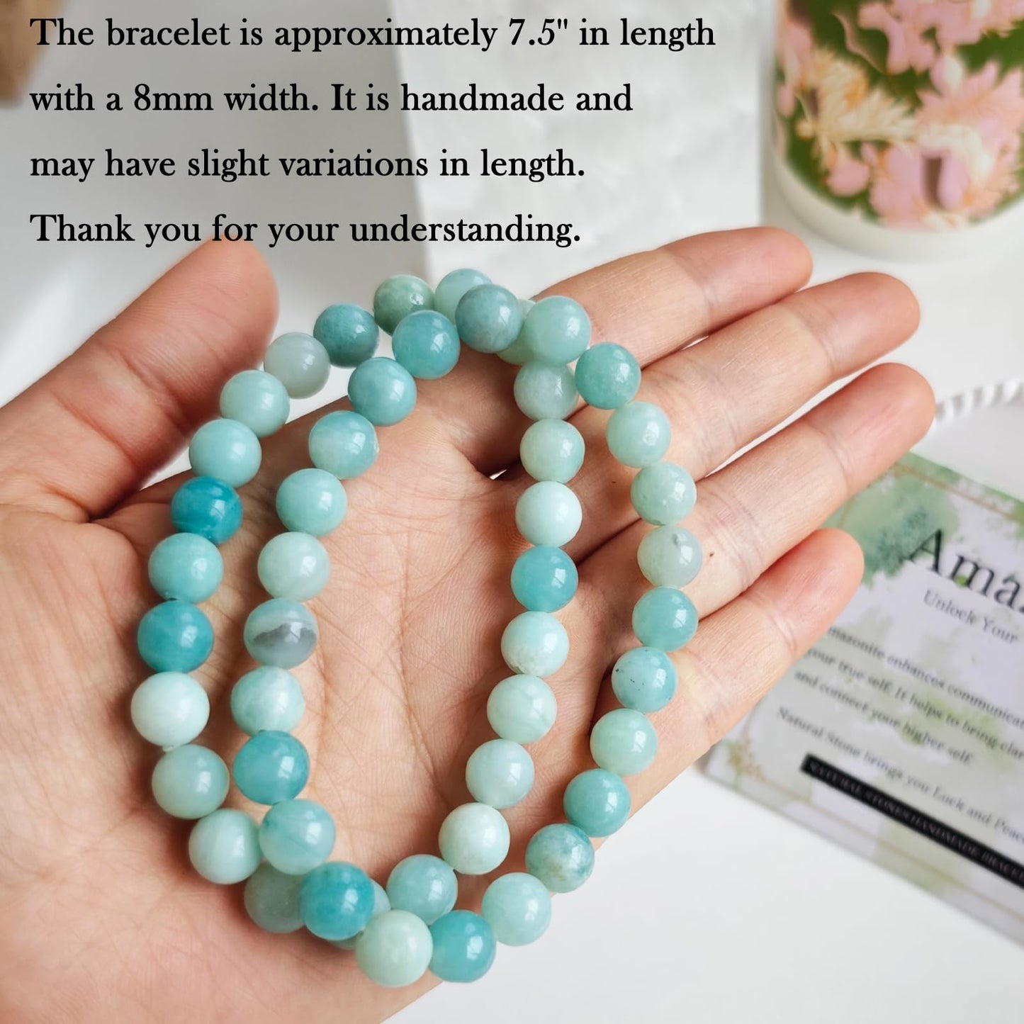 Handmade Natural Gemstone Elastic Bracelet - Healing Crystal Beads Jewelry, Unisex (Amazonite, 8mm)