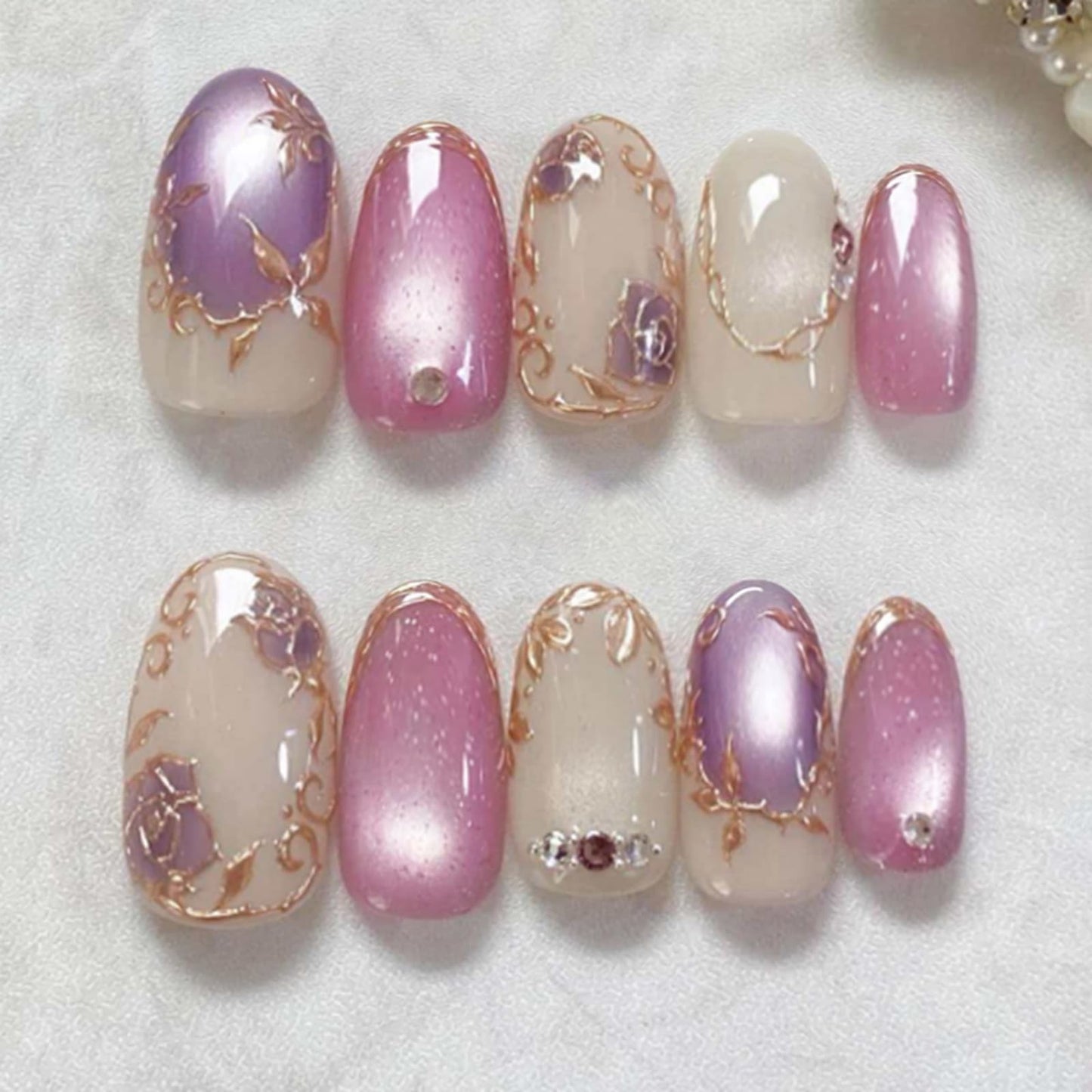 IMRAIN Almond Press on Nails, Medium Fake Nails, Vintage 3D Rose Flower Gold Outlining, 30 Pcs Reusable Glue on Nails for Women, Salon Quality