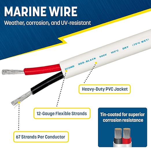 GS Power 100Ft Duplex Marine Wire, 12 Gauge Wire, Oxygen-Free Tinned Copper 12 AWG Electrical Boat Wiring, Sheathed Copper Marine Grade Electrical Cable for Boat Automotive RV Camper Trailer