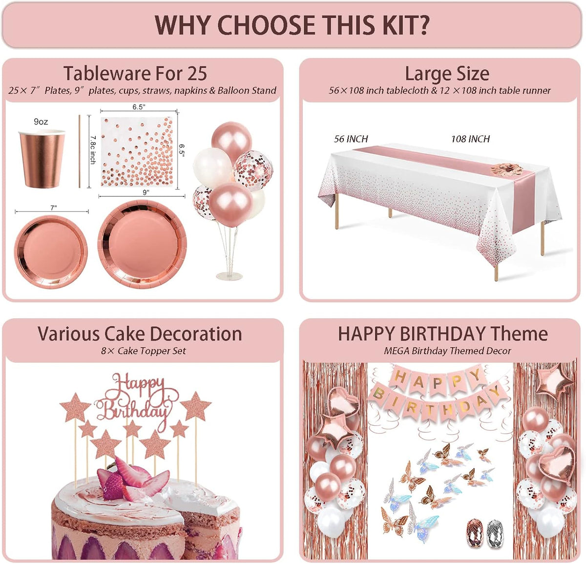 236 Pcs Birthday Decorations For Women, Rose Gold Party Decorations Kit For Girls Or Women - Butterfly, Hanging Swirl, Balloon Stand, Sash, Tiara, Banner, Balloon, Tableware For 25 Guest