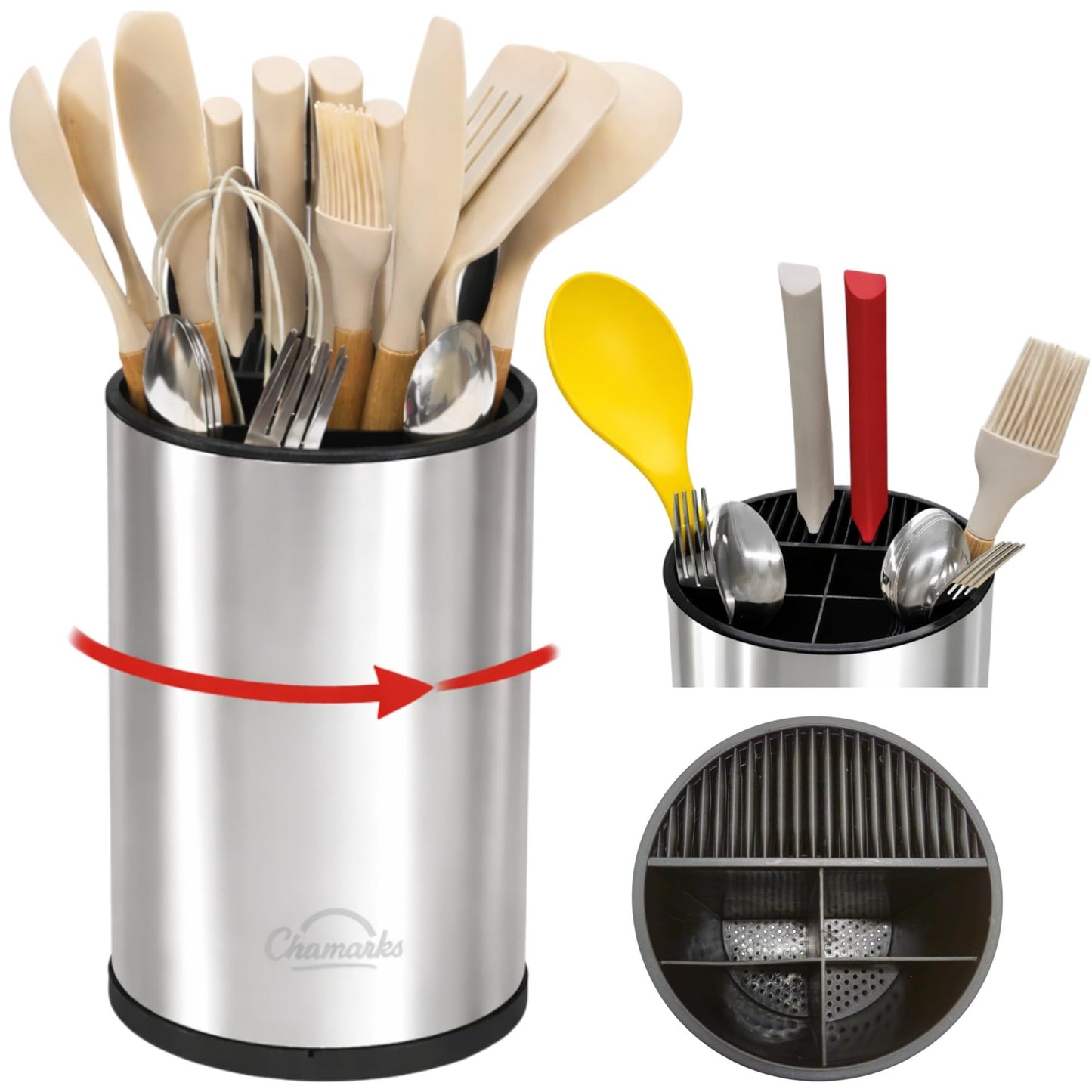CHAMARKS 3-in-1 Kitchen Utensil Holder for Countertop with Knife Block and Silverware Caddy. (Silver)