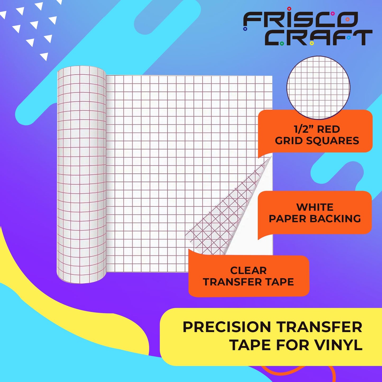 Frisco Craft Premium Tack Transfer Tape for Vinyl - with Alignment Grid & Paper Backing - Perfect for Self Adhesive Vinyl for Signs, Decals, Holographic & More (Red Grid, 12" x 50 ft)