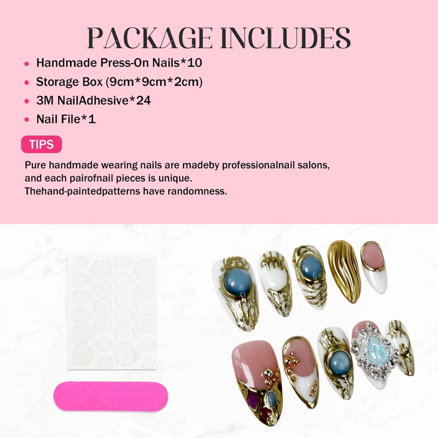 Handmade Almond Fake Nails White French Tip Press on Nails Short Gold Embossed False Nails with 3D Swirl and Charms Designs Short Acrylic Nails with Glue for Wome (Size M)