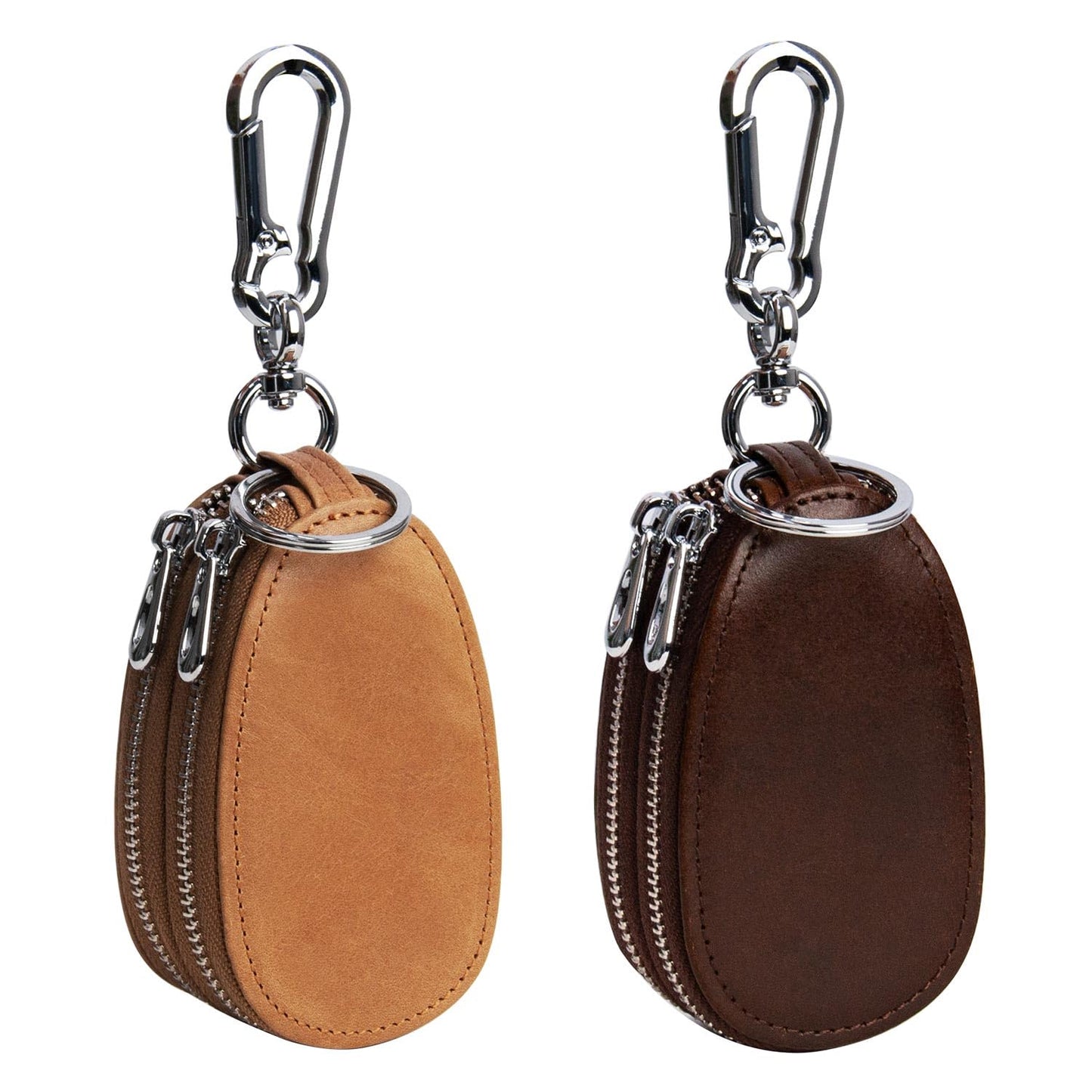 UVKDEENK 2 Pack Mens Vintage Key Case, Retro Genuine Leather Car Key Fob Holder, Key Organizer with Metal Hook Keyring, Double Zipper Key Coin Bag Coffee Brown