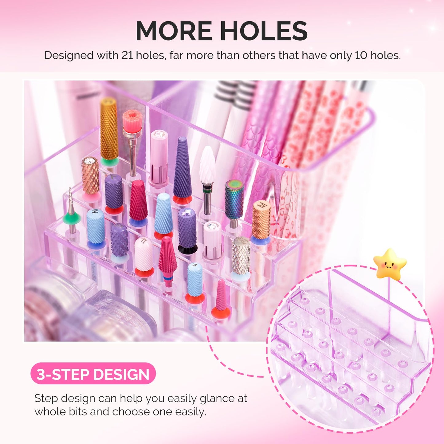 MelodySusie Nail Drill Holder, 21 Holes Nail Drill Bits Holder, Professional Acrylic Nail Tools Storage Box, Organizer Displayer for Manicure Efile Accessories Nail Drill Kit, Salon Home, Purple