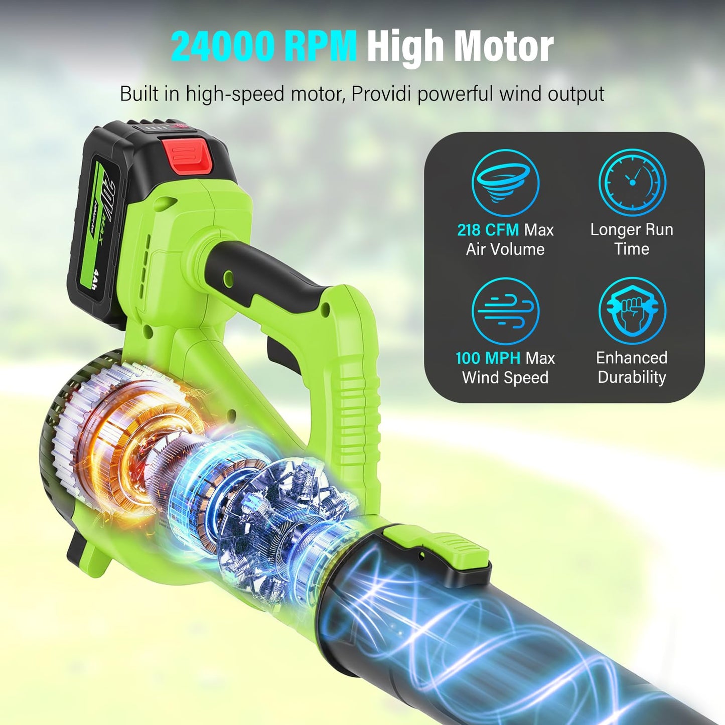 Leaf Blower Cordless with 6-Speed Control, 218CFM Electric Blower with 2×4000mAh Batteries & Fast Charger, Lightweight Cordless Snow Blower for Patio, Lawn and Garden Cleaning(Green)
