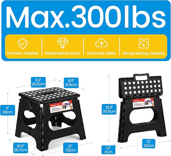 ACSTEP Folding Step Stool for Adults-11 Height Lightweight Plastic Stepping Stool Foldable Step Stool Hold up to 300lbs Non Slip Collapsible Stool for Kictchen, Bathroom, Black