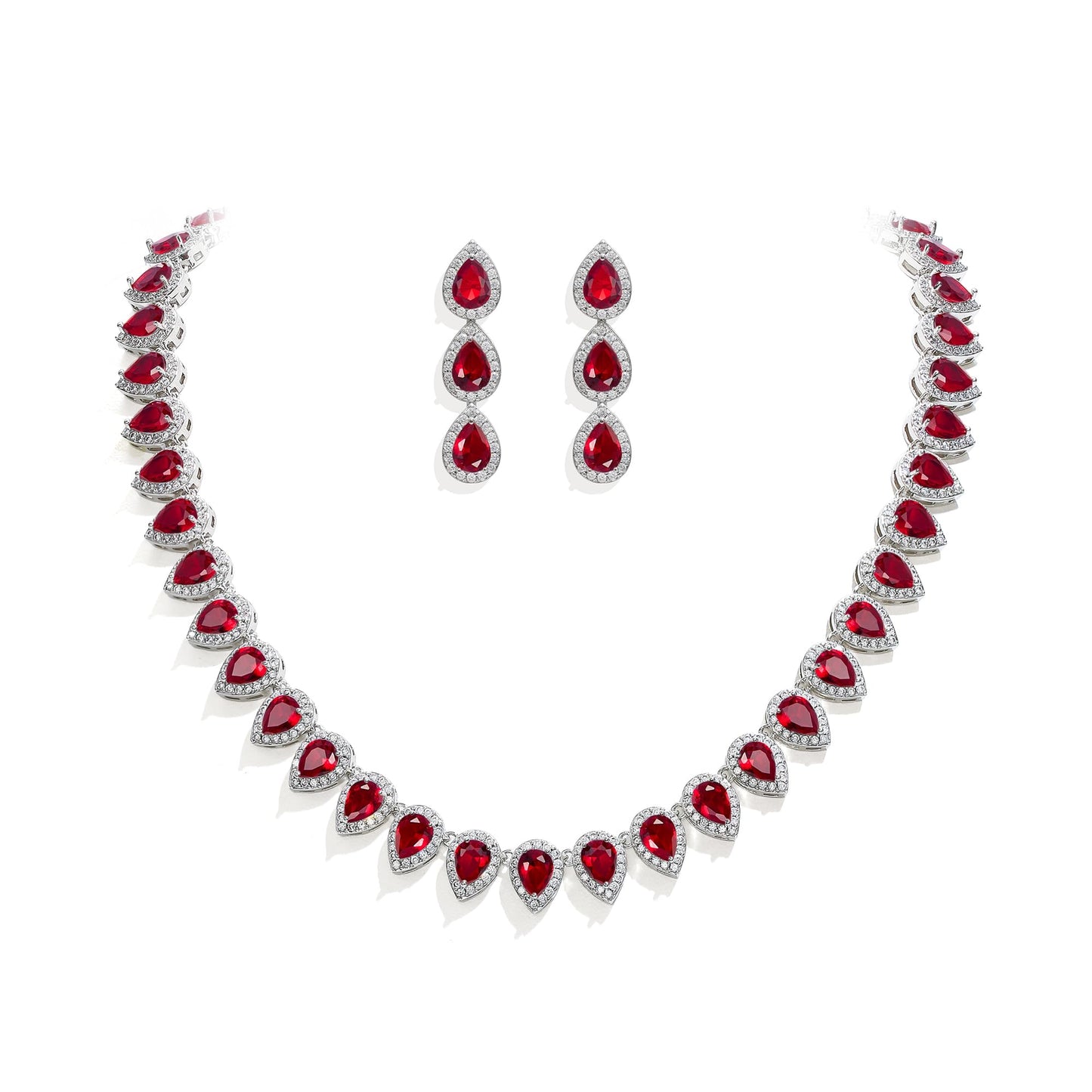 EleQueen Women's Wedding Bridal Full Prong Cubic Zirconia Teardrop Necklace Earrings Set for Brides Bridesmaids Ruby Color